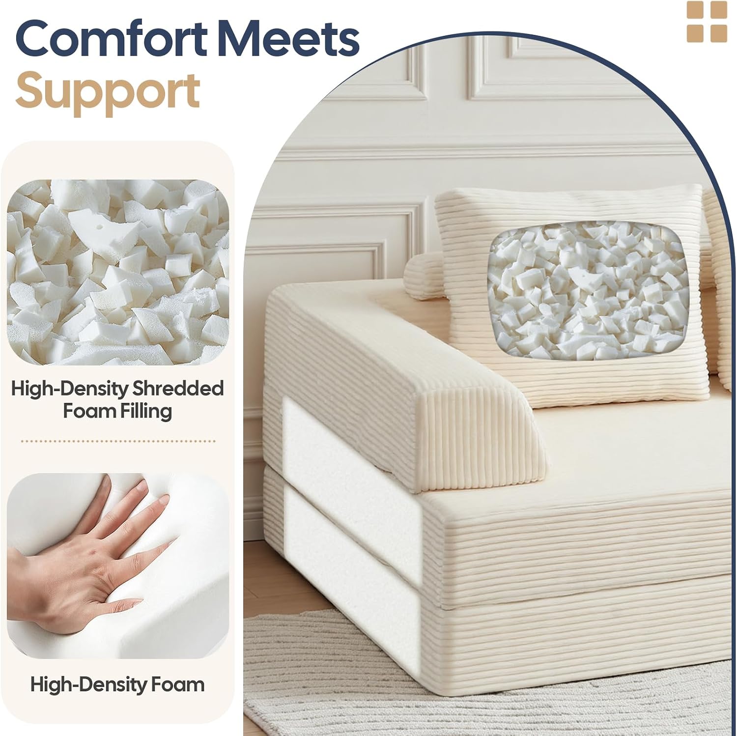 Thumbnail 6 de COMAX Convertible Sofa Bed (Corduroy Beige) – Folding Floor Couch Bed Futon Sleeper w/ Pillows