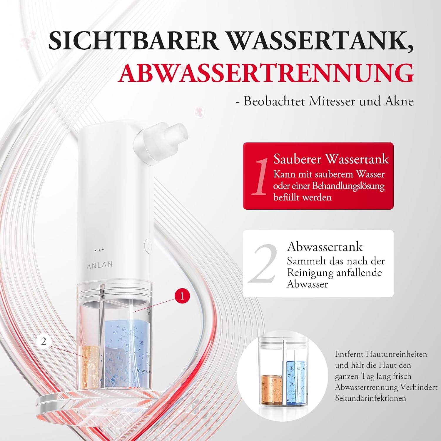 Detalle de ANLAN 2 in 1 Mitesserentferner Porenreiniger Gesicht – 3 Modi, 3 Saugköpfe, Wasser-Sauerstoff-Technologie