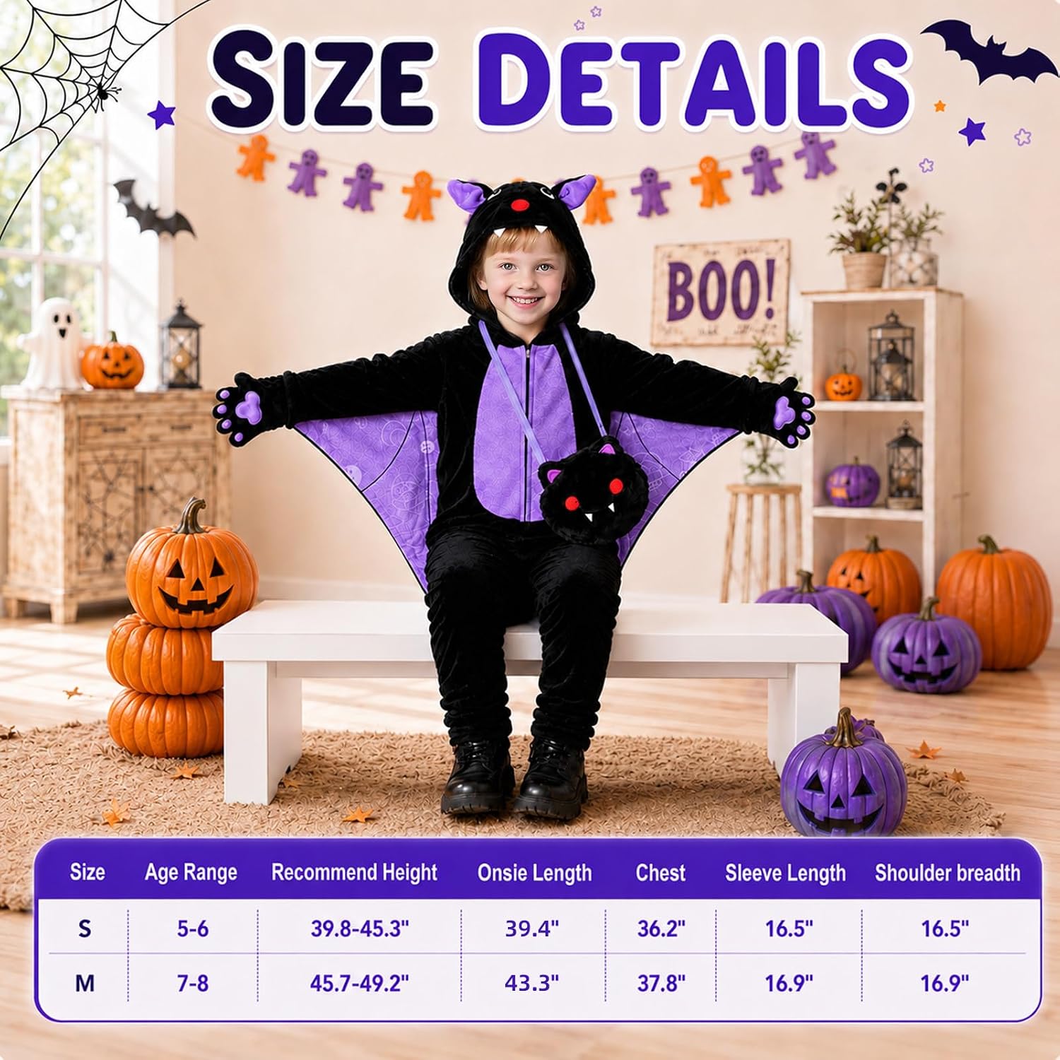Detalle 1 de Learn2M Kids Bat Costume, Purple Flannel Onesie with Wings and Matching Bag