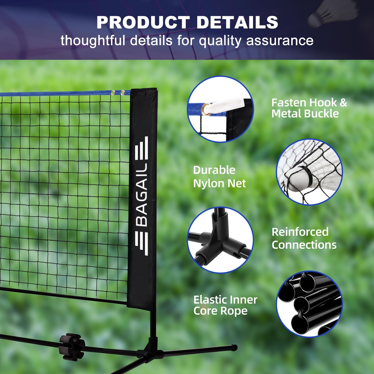 Detalle 2 de BAGAIL Badminton Net (Height Adjustable Kids Volleyball Net) — Foldable Nylon Training Net, 10/14/17 ft Wide