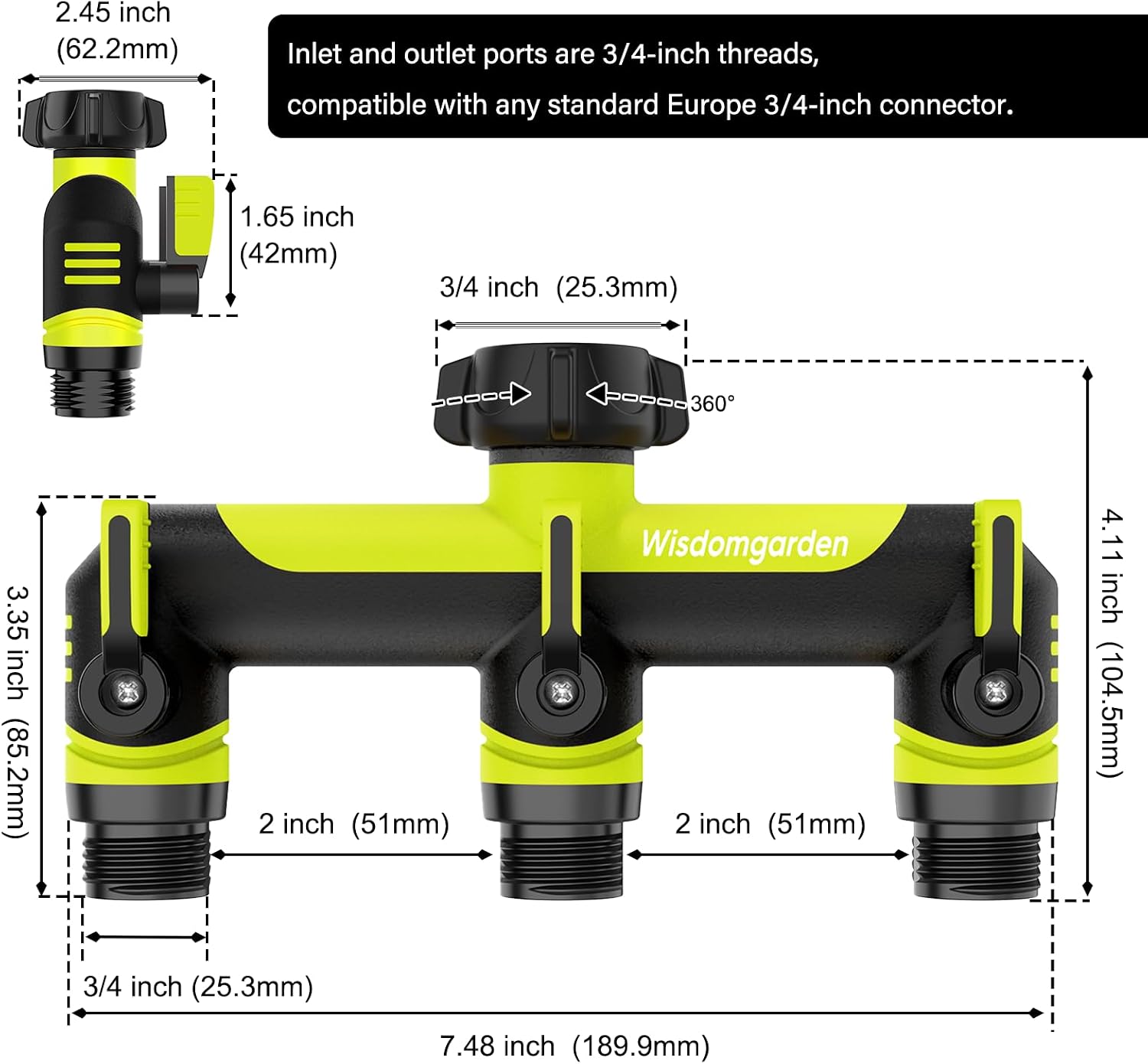 Thumbnail 1 de Hose Splitter 3 Way with 2in Spout Spacing – ABS Body, 3/4" Inlet with 1/2" Adapter, Green