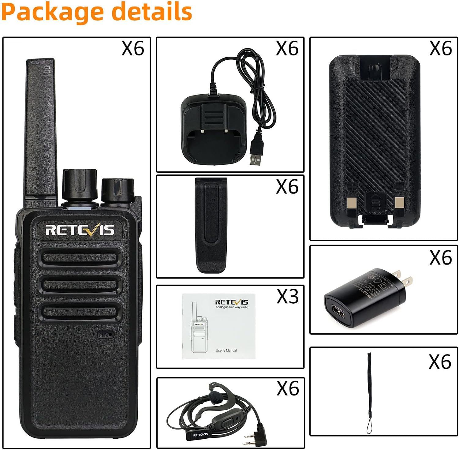 Thumbnail 6 de Retevis RT68 Two-Way Radios with Earpiece (6 Pack) – Heavy-Duty, Long-Range, USB Charging Base