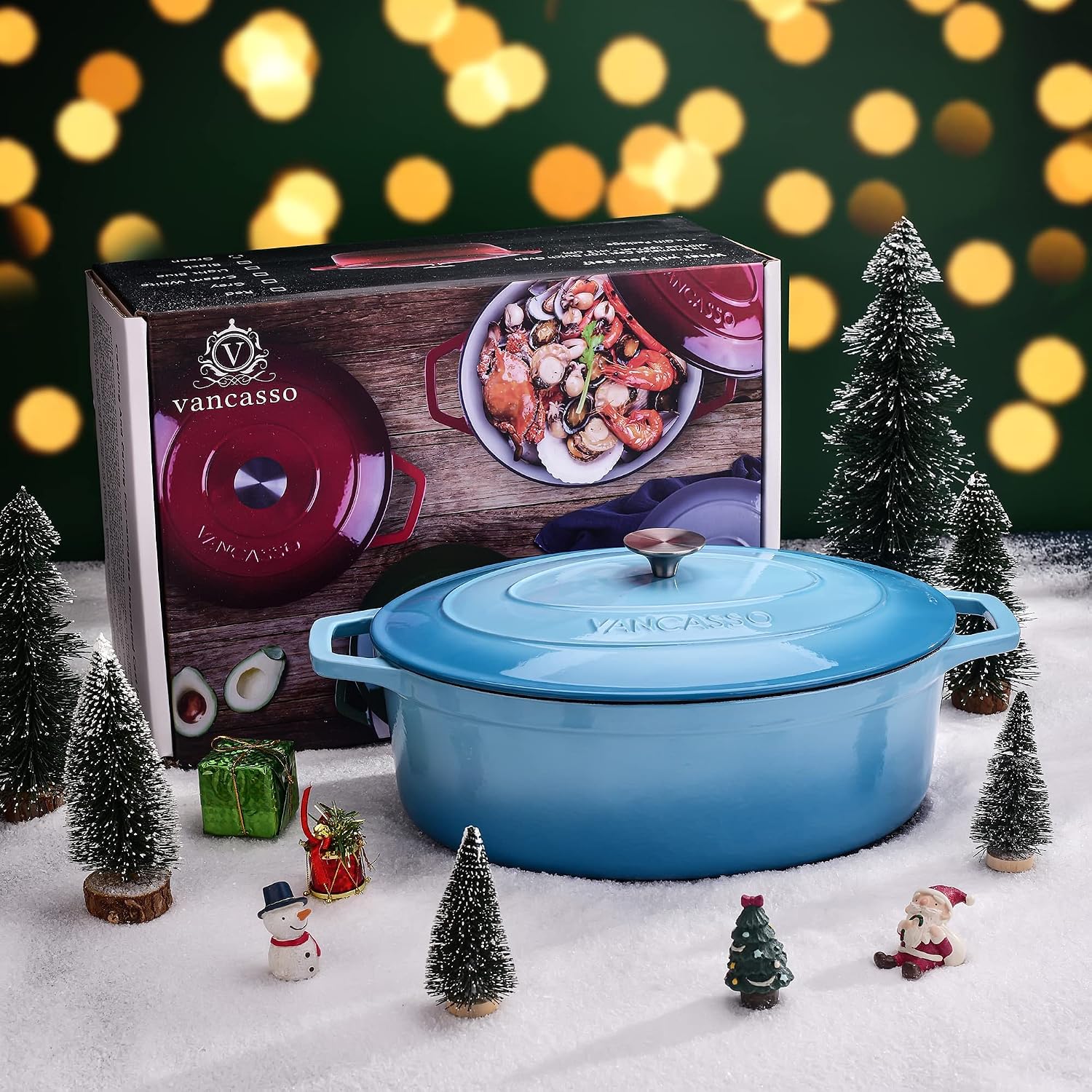 Thumbnail 5 de Vancasso 37cm Oval Cast Iron Casserole Dish with Dual Handles and Lid, 8 L, Enamelled Blue