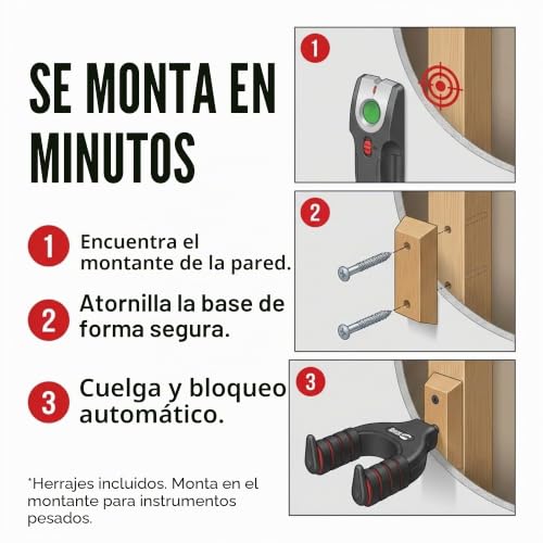 Detalle de RockJam RJWMGH01: Soporte de pared para guitarra con percha y bloqueo automático