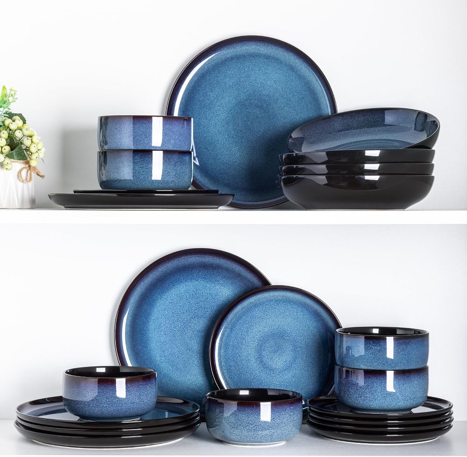 Detalle de LERATIO Ceramic Dinnerware Set for 8 — Stoneware, Reactive Glaze, 24-Piece Service for 8, Blue