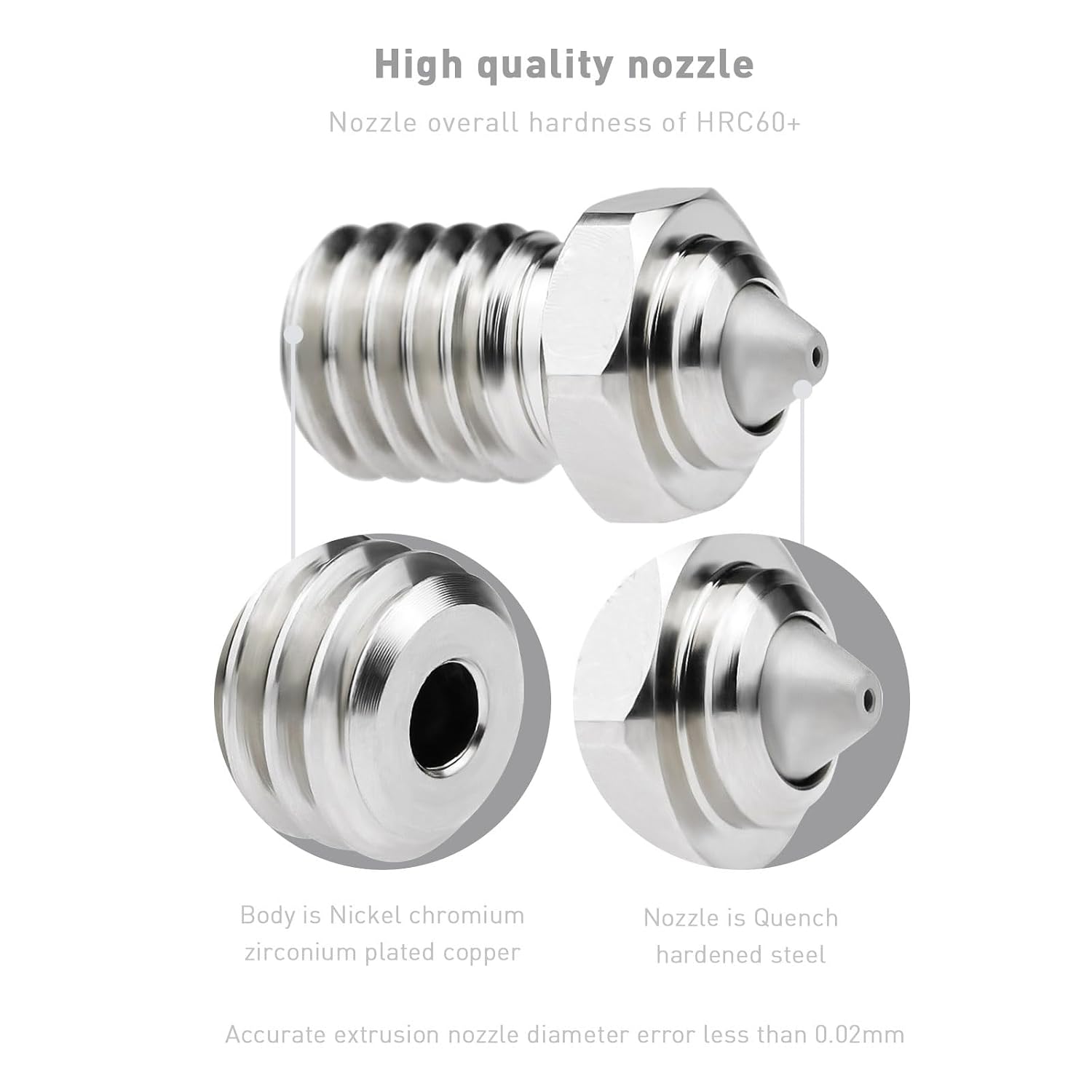 Detalle 2 de V6Bimetal バイメタルノズル 0.6mm 硬化鋼チップ・メッキ銅製 1.75mm対応