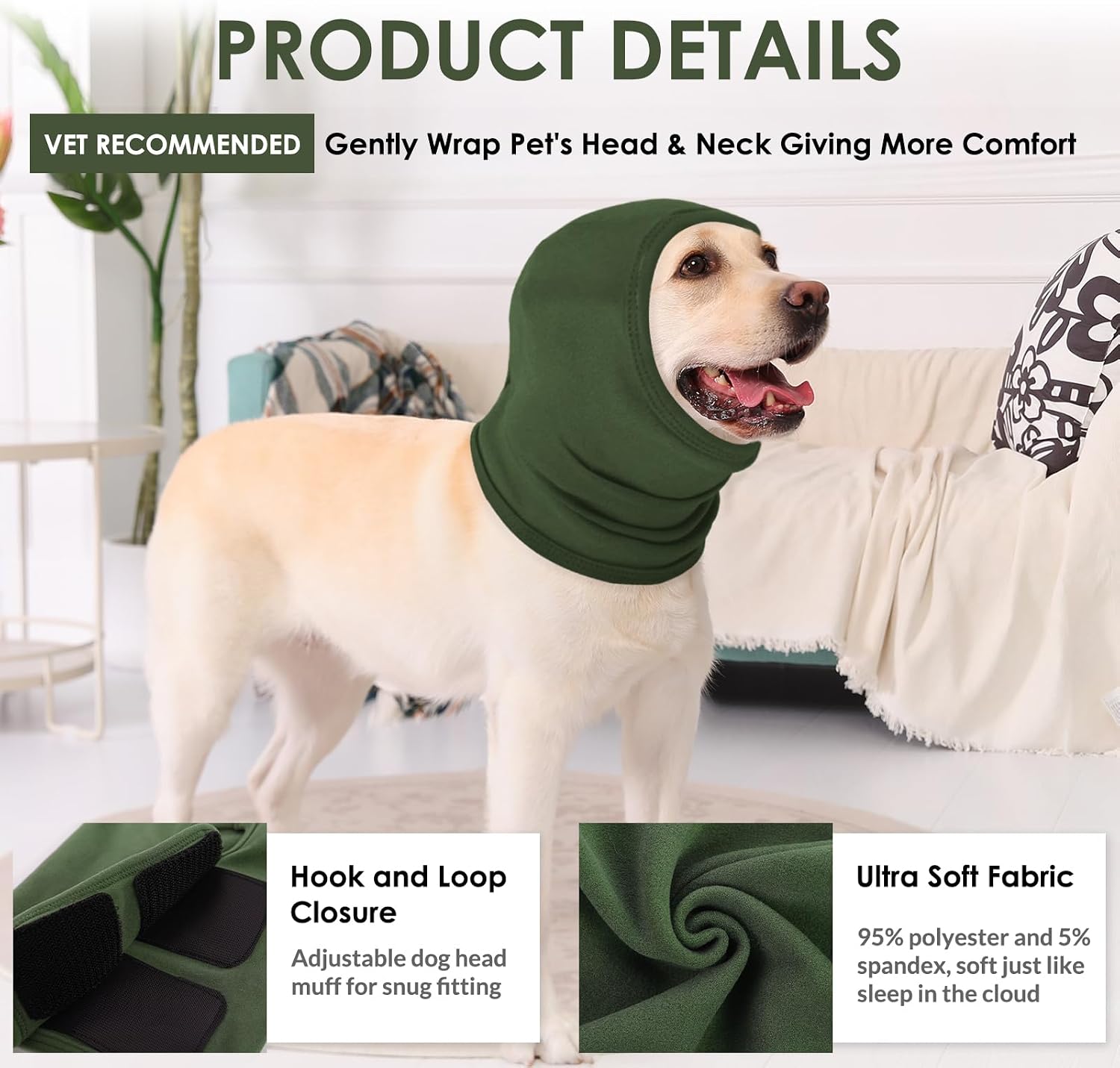 Detalle de AOFITEE Dog Calming Hoodie: Soft, Adjustable Noise-Protection Head Wrap for Anxiety Relief