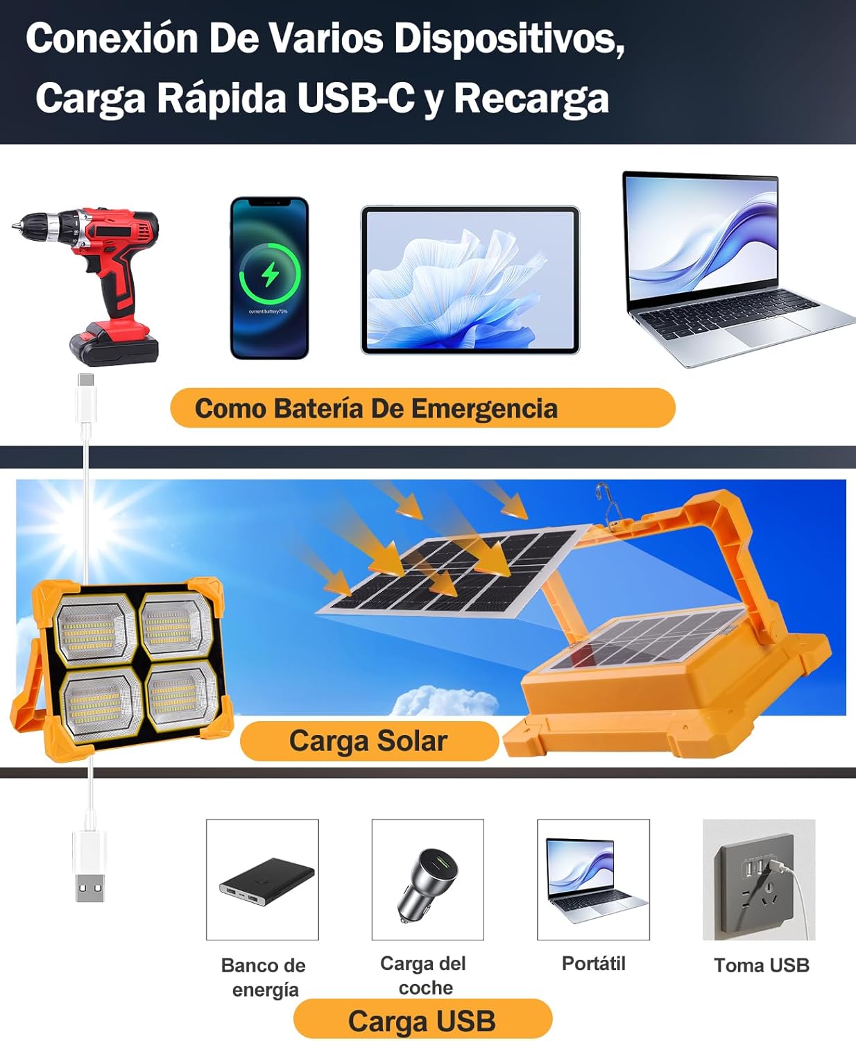 Thumbnail 3 de Luce solare LED esterno da 300W: faretto portatile per cantiere, giardino ed emergenze