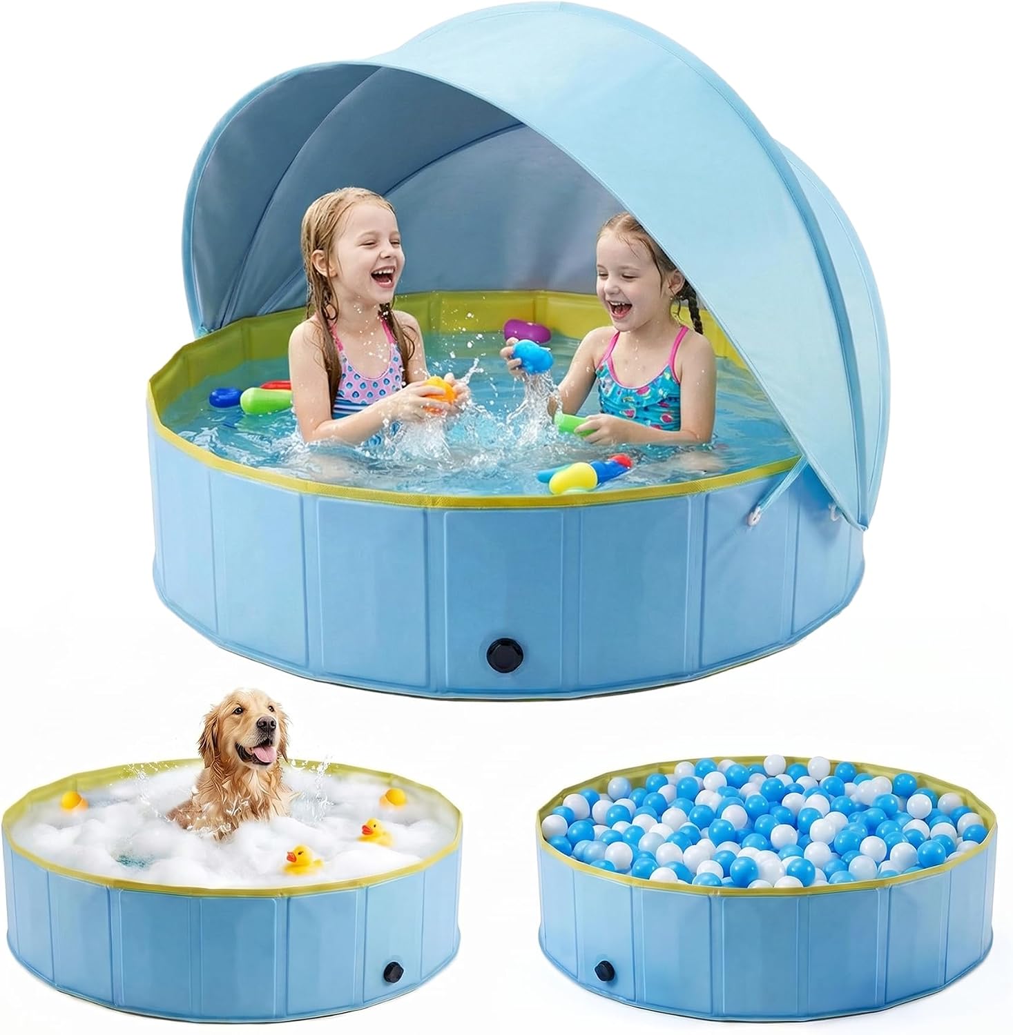 Detalle de Kiddie Pool with Canopy: Large 63in Foldable Pool with Detachable UPF 50+ Sunshade