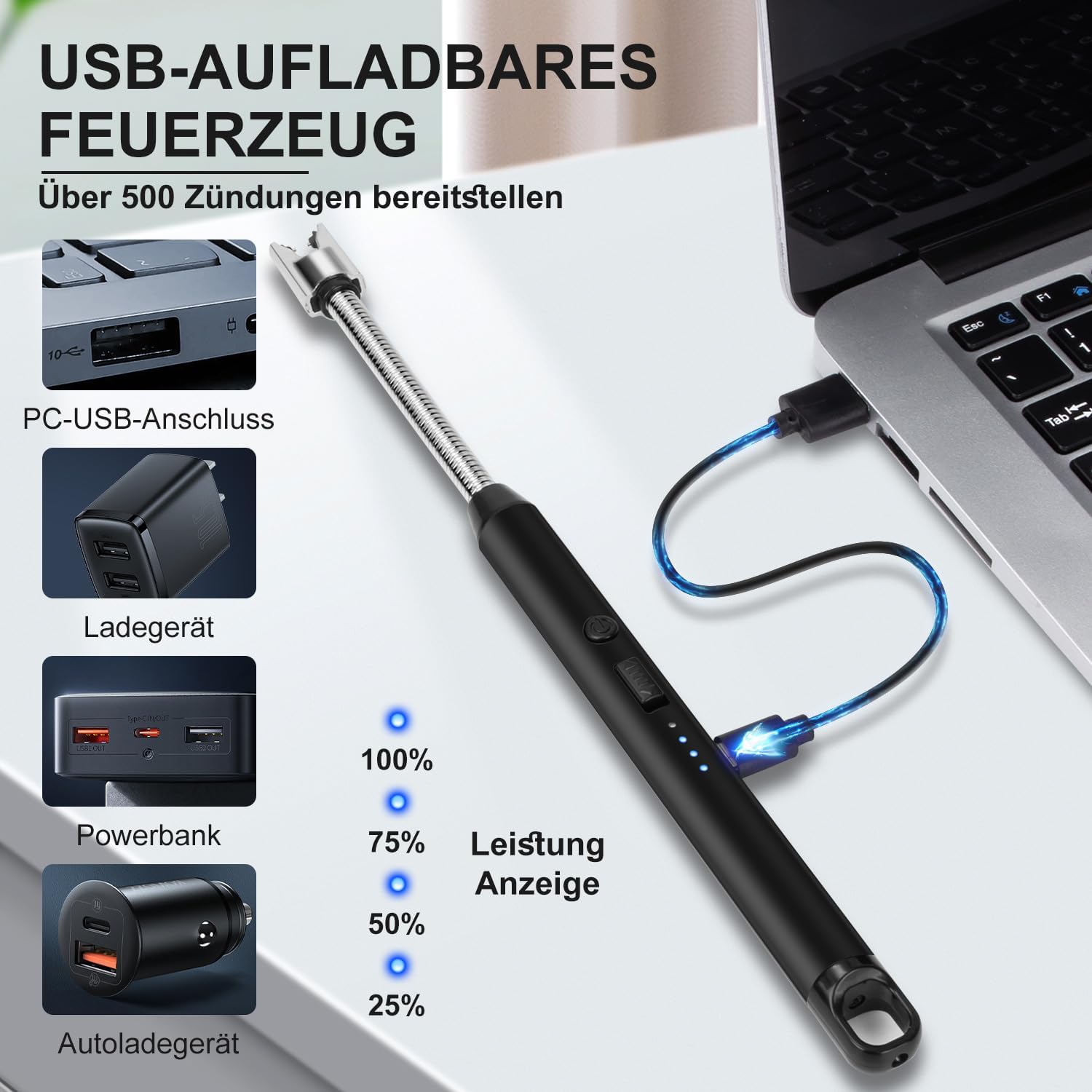 Detalle de LcFun staafaansteker met flexibele hals, winddichte elektrische boog en USB-opladen