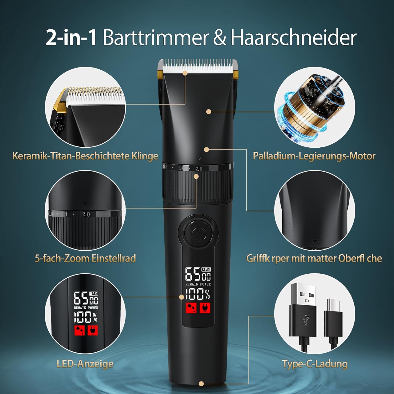 Thumbnail 5 de HSKAI 2-in-1 Profi Haarschneider & Barttrimmer – Elektrischer Rasierer für Gesicht, Kopf und Körper mit Keramik-Titan-Klingen