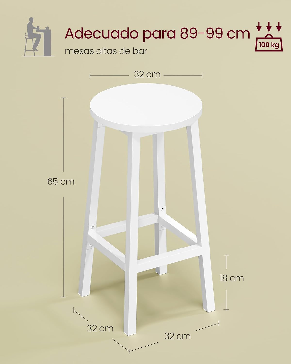 Detalle 1 de VASAGLE LBC032WB01 taburete 65 cm