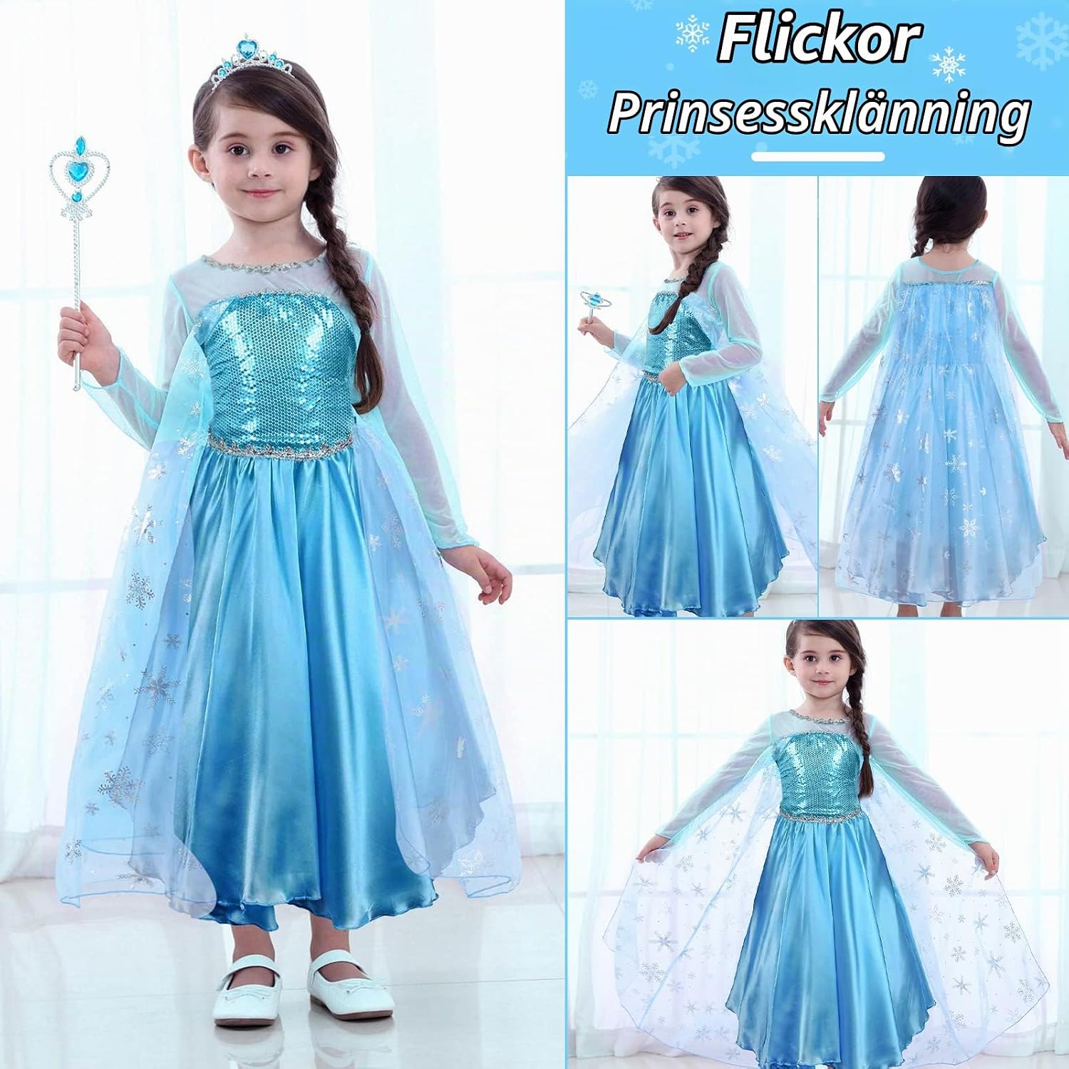 Thumbnail 6 de URAQT prinsessdräkt med ljusblå klänning, organzakappa och 6 tillbehör