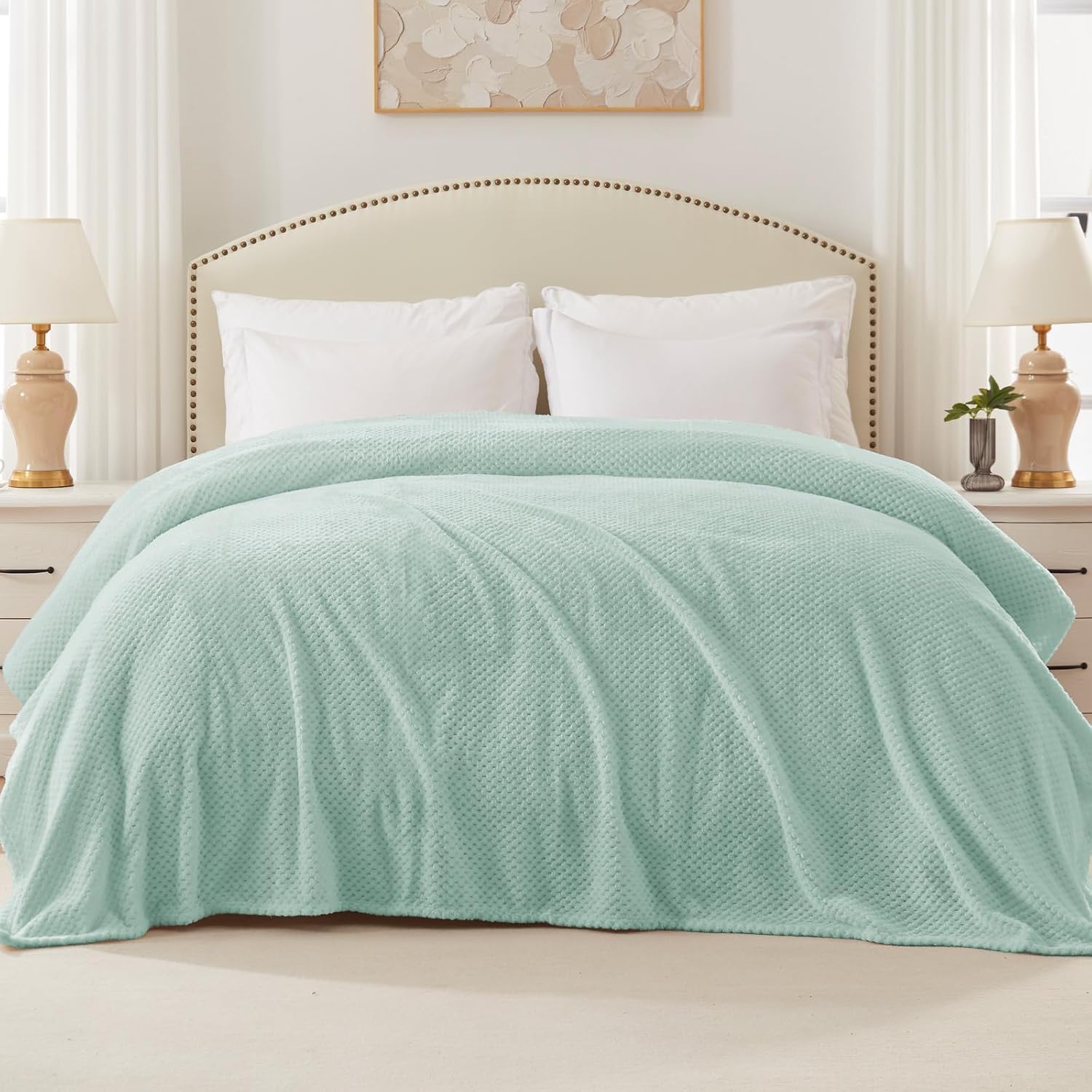 Thumbnail 3 de Exclusivo Mezcla King Size fleece bed blanket (230x265 cm) in mint green with waffle texture