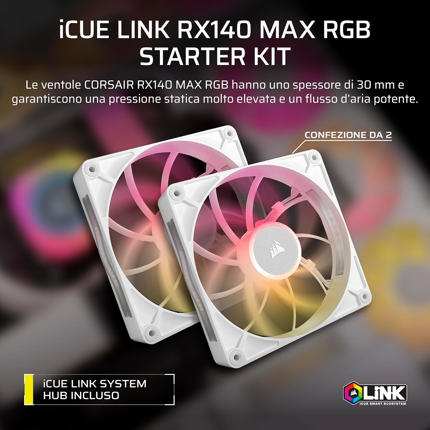 Thumbnail 1 de CORSAIR iCUE LINK RX140 MAX RGB 140mm PWM Ventola con iCUE LINK System Hub (RX140 MAX) — bianco