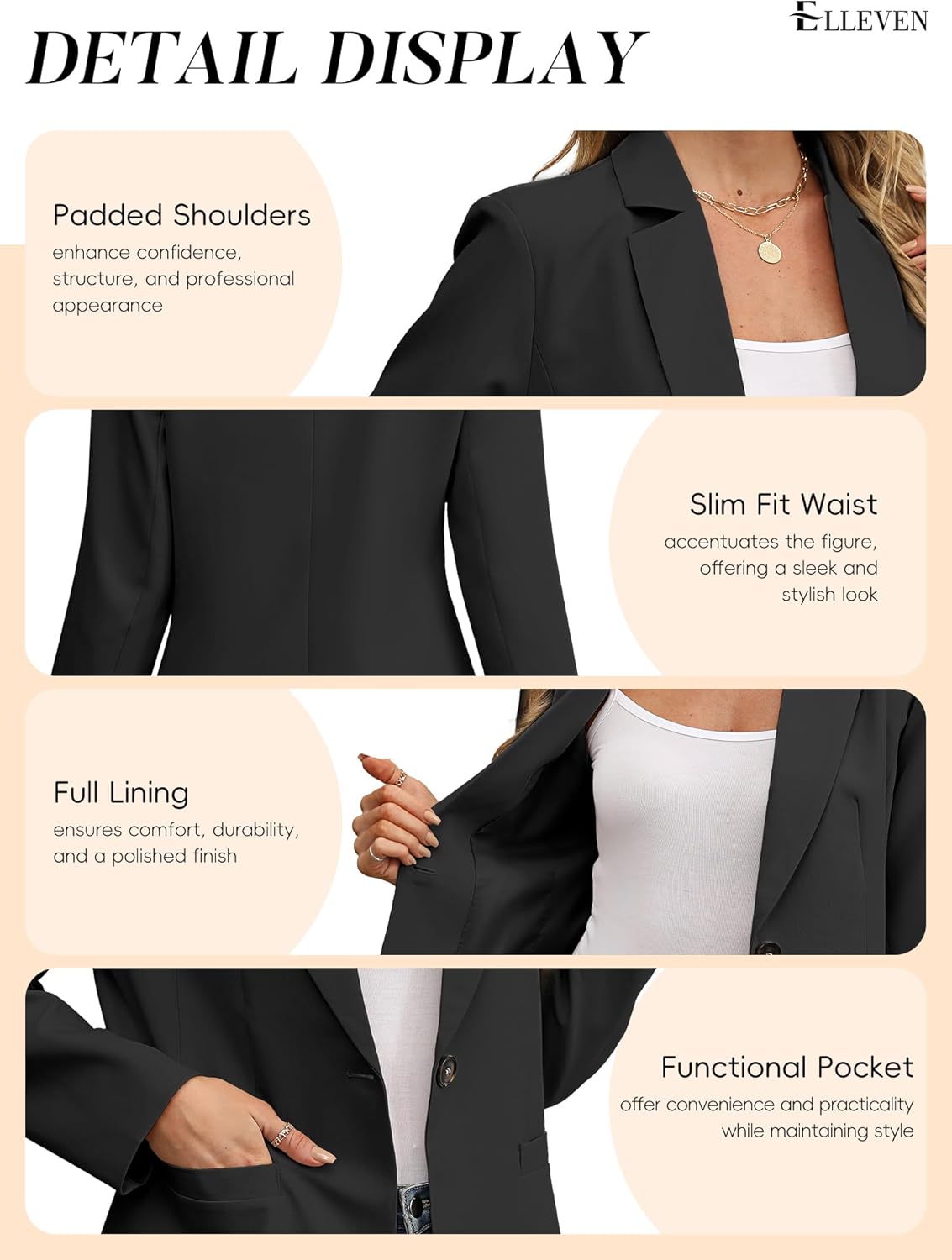 Detalle de ELLEVEN Women’s Business Casual Lightweight Blazer (Slim Fit, Pockets) – Long Sleeve Office Jacket