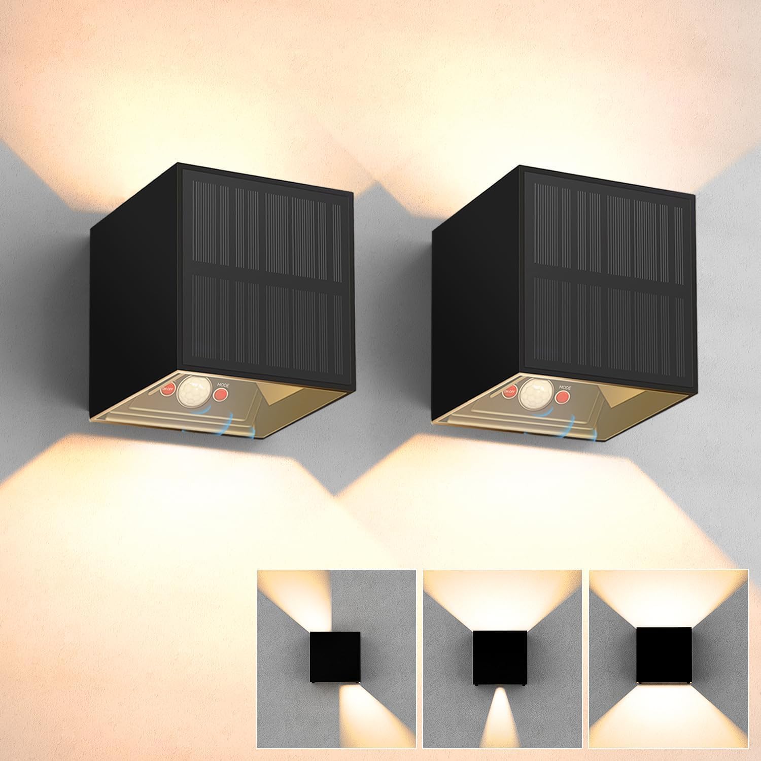Detalle de 2 Pezzi Lampada Solare da Esterno con Sensore - Applique IP65, 3000K, 3 Modi, fascio regolabile 0–120°, 12h di autonomia