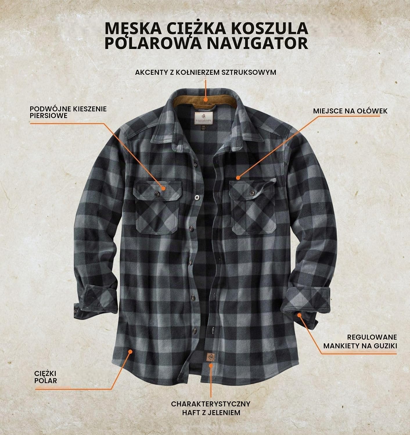 Detalle 2 de Legendary Whitetails Navigator – męska koszula polarowa w kratę z długim rękawem