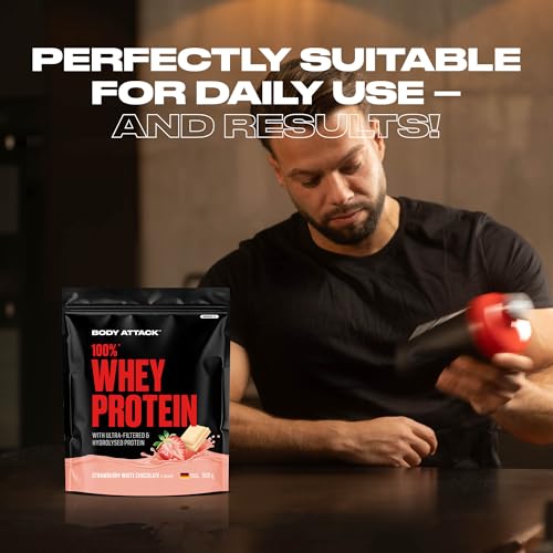 Detalle de Body Attack 100% Whey Protein Strawberry White Choc., 900 g – Cremiges Eiweißpulver mit Hydrolysat & BCAA für Muskelaufbau