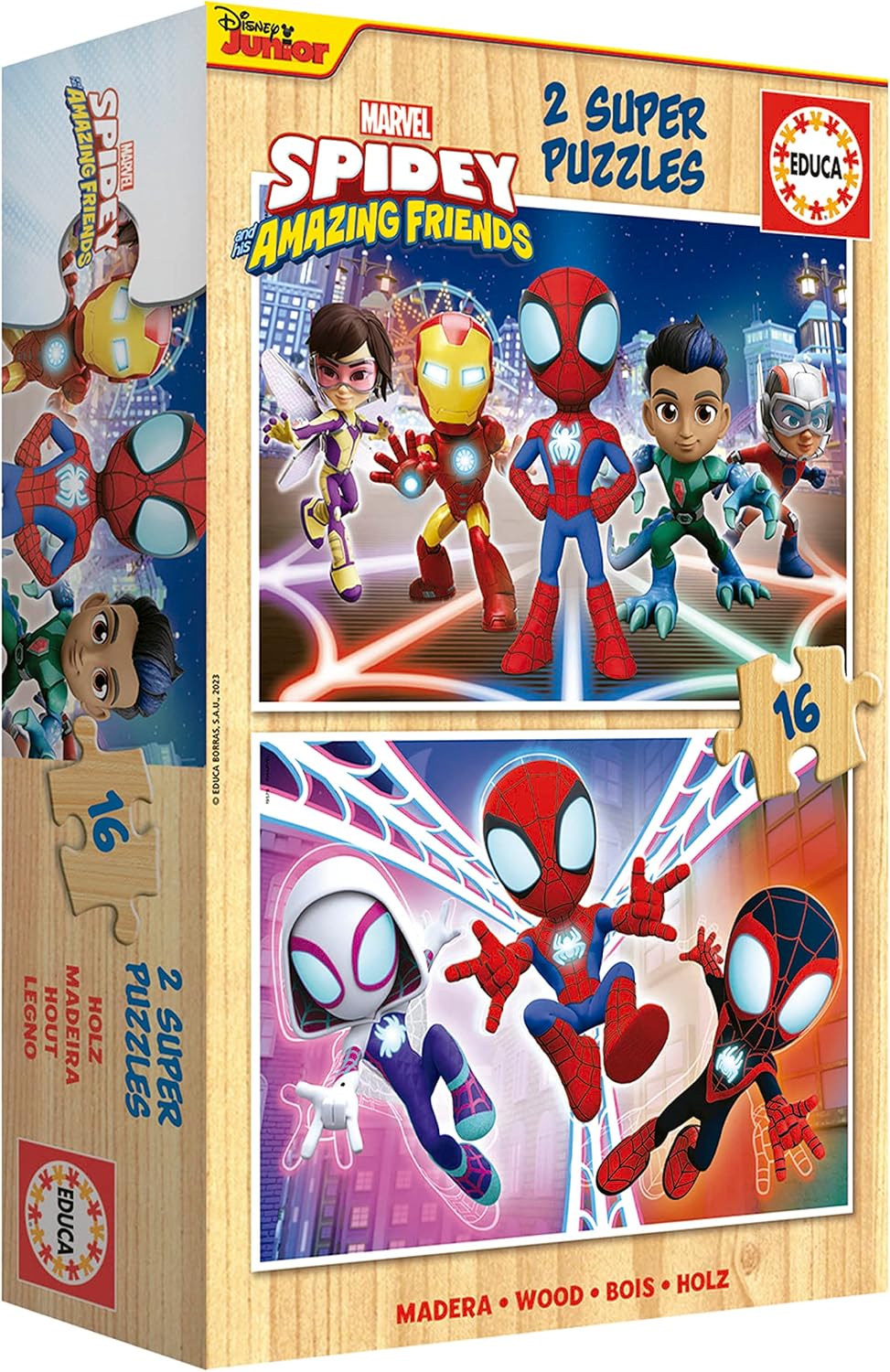 Thumbnail 3 de Educa Spidey & Amazing Friends – Ensemble de 2 puzzles en bois (16 pièces chacun) +3 ans, 26 x 18 cm