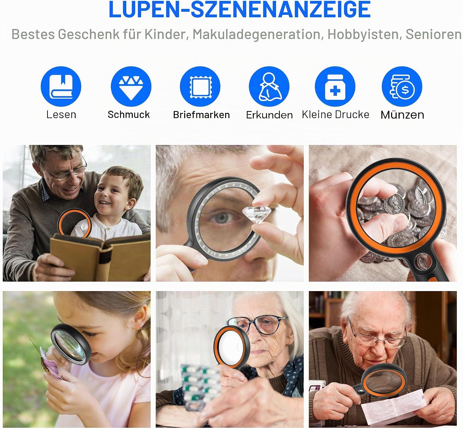 Detalle de GABORISH Lupe mit Licht – 10x/20x/45x Vergrößerung, 30 LED + UV, Leselupe für Senioren (Groß, Orange)