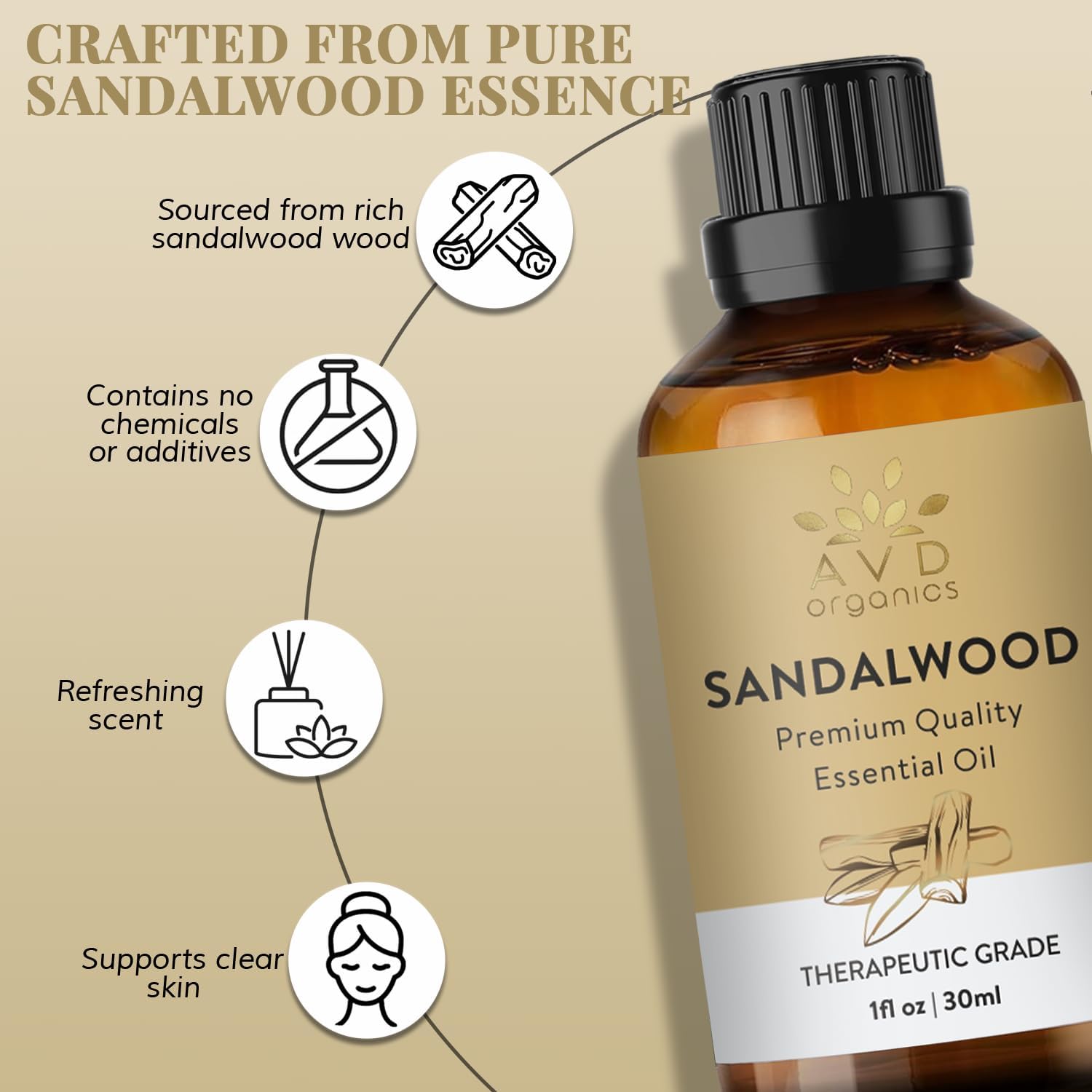 Detalle de AVD ORGANICS Ätherisches Sandelholzöl 30 ml (100% naturrein, unverdünnt) für Diffusor, Aromatherapie & DIY