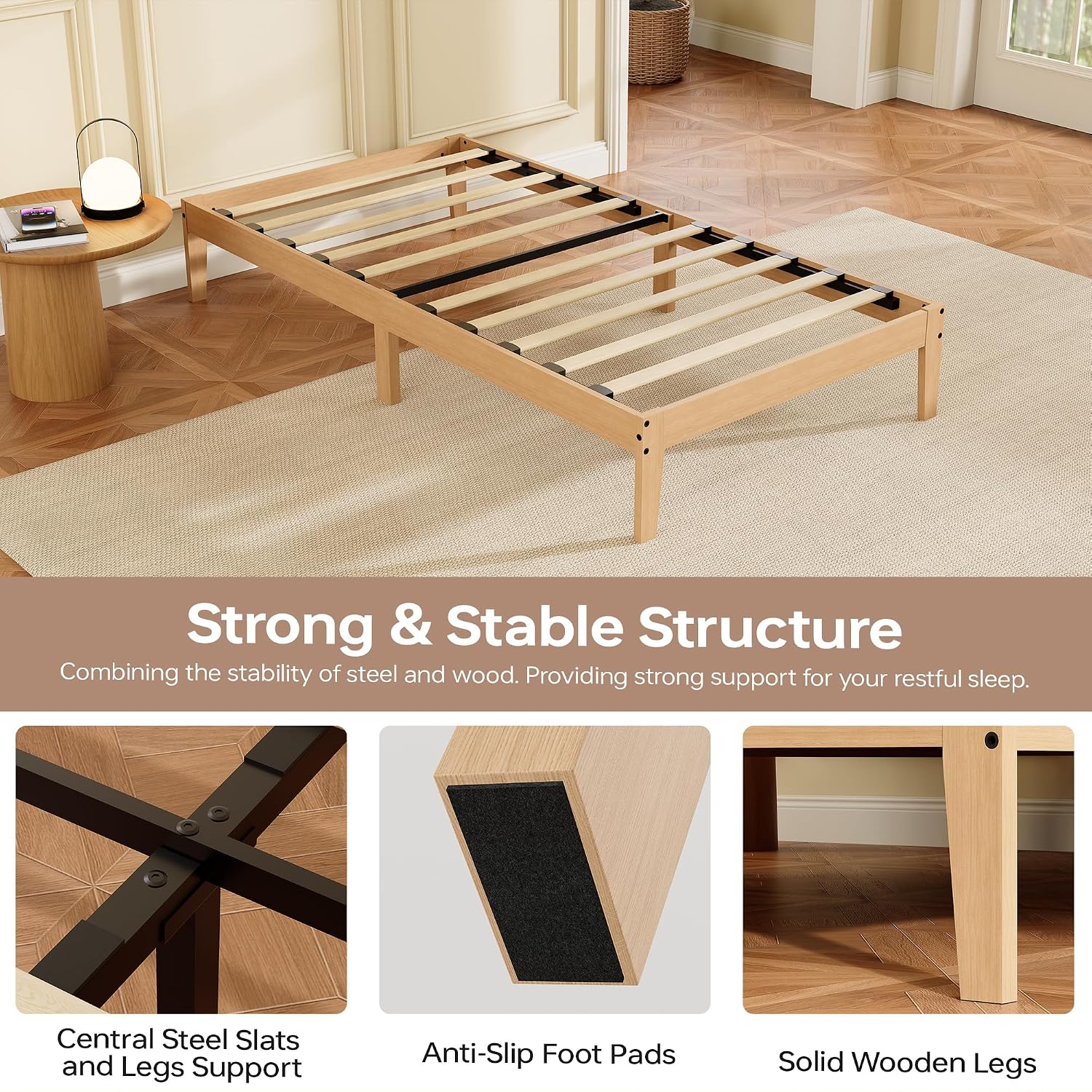 Thumbnail 6 de Tyndall TYL-V20903 Twin Platform Bed, 12-Inch Solid Rubberwood, Natural Finish
