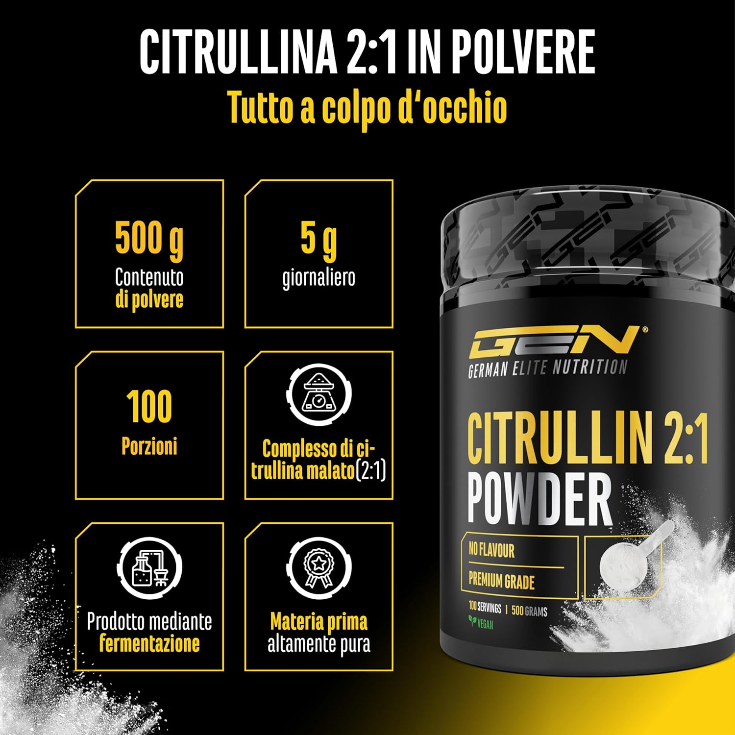 Thumbnail 1 de L-citrullina DL-malato 2:1 – polvere 500 g di GEN GERMAN ELITE NUTRITION: purezza vegana e uso flessibile