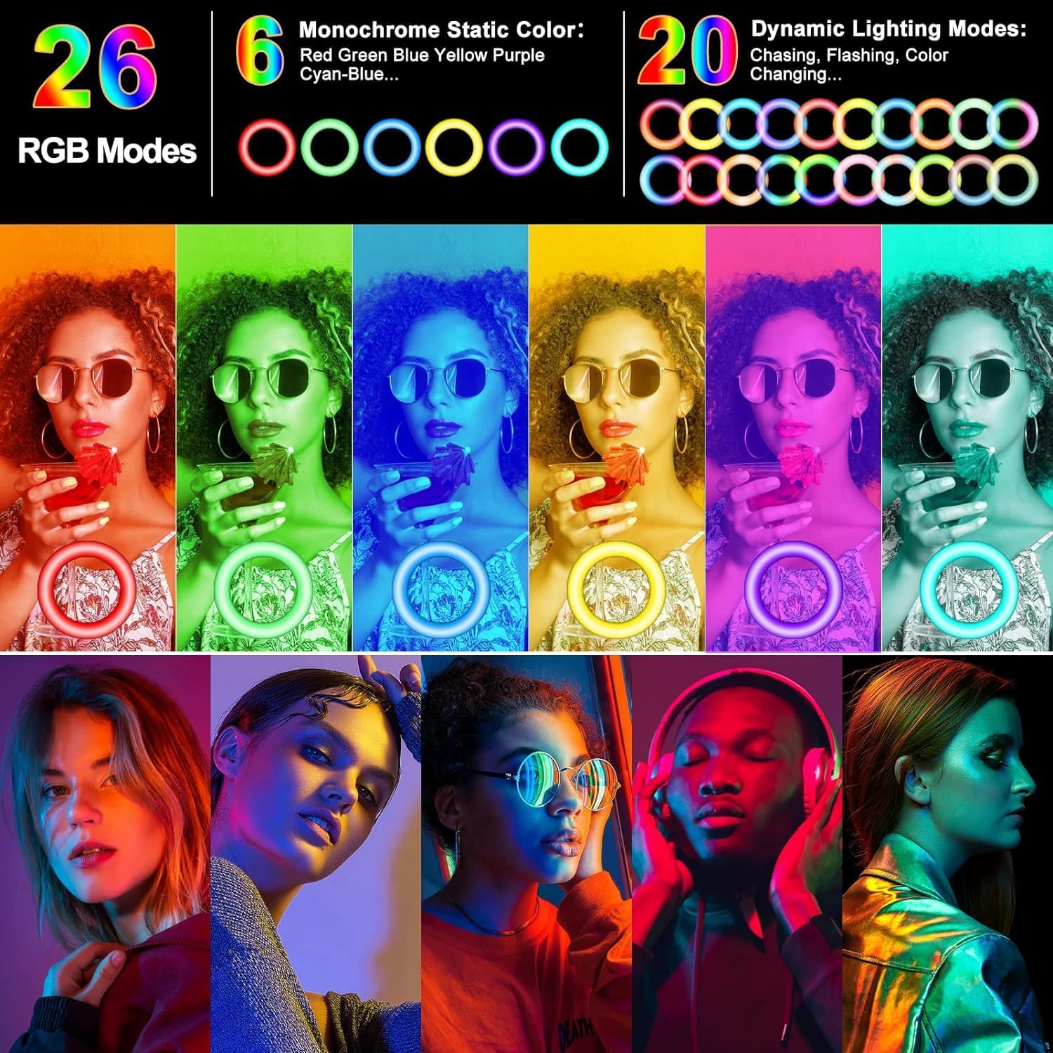 Thumbnail 2 de 10.3" Selfie Ring Light with Stand, Phone Holder & Bluetooth Remote (29 RGB Modes)