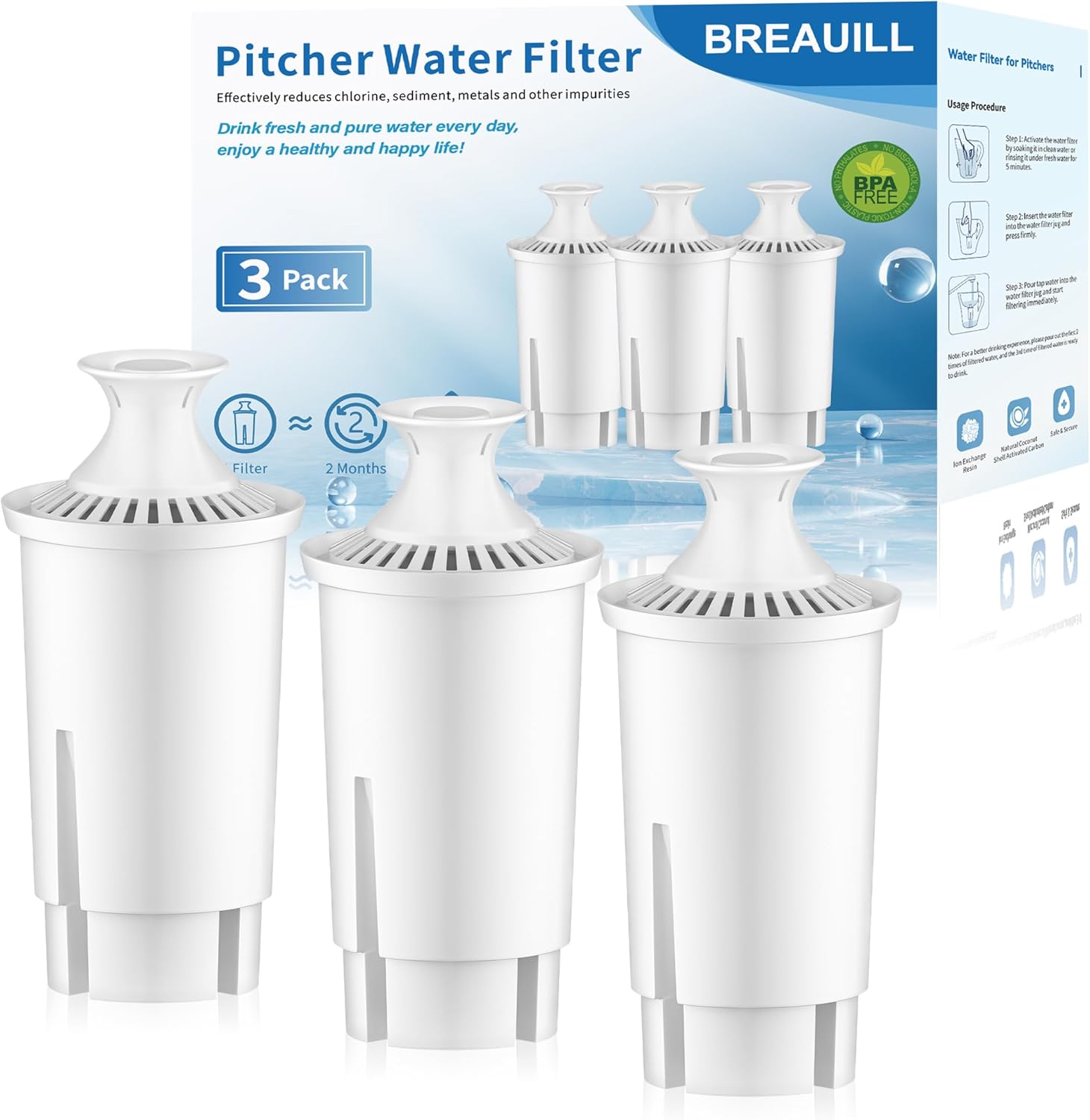 BREAUILL NSF certified pitcher water filter replacement (compatible with Brita-style pitchers, 3-pack)
