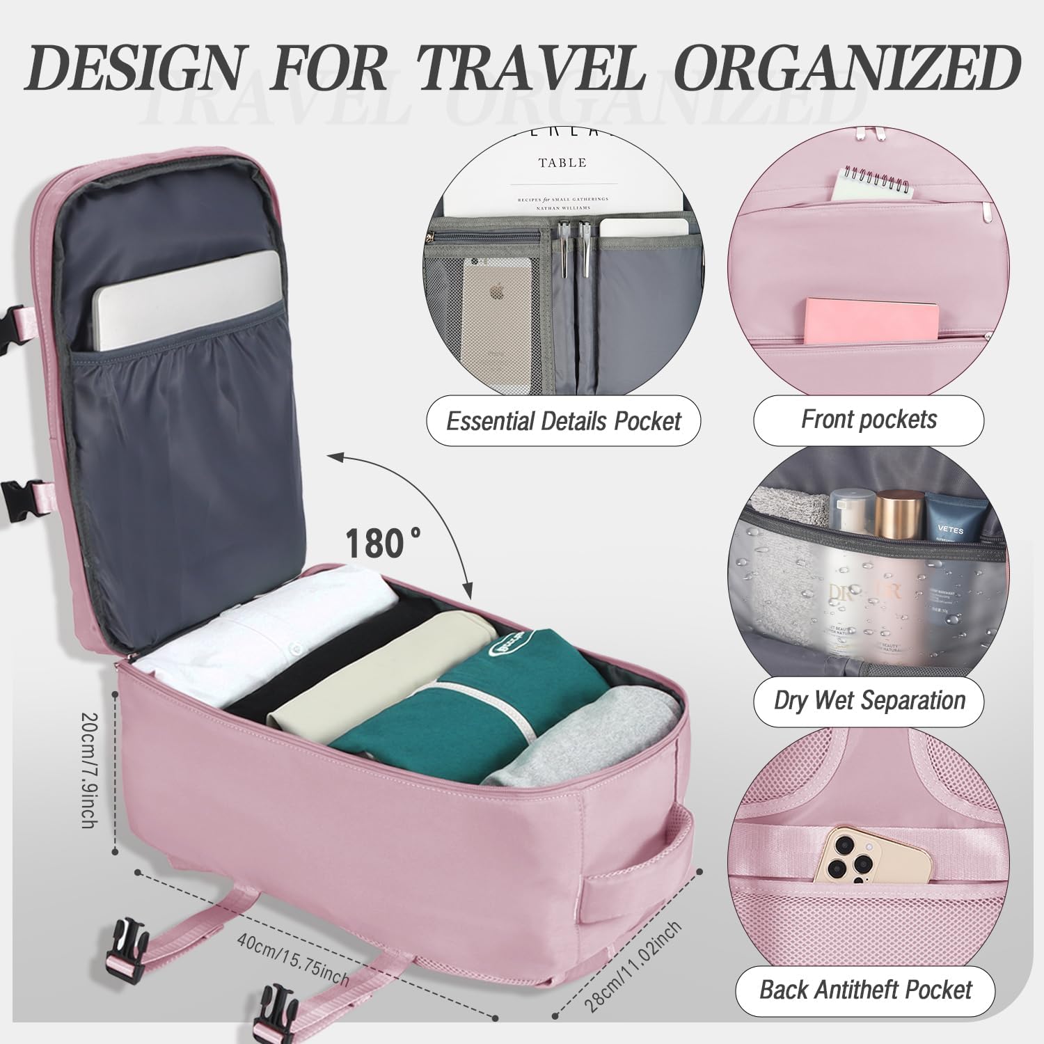 Detalle de Ryanair 40x30x20 Underseat Cabin Bag — Waterproof Travel Backpack with USB Hole, Anti‑Theft Pocket & Trolley Sleeve