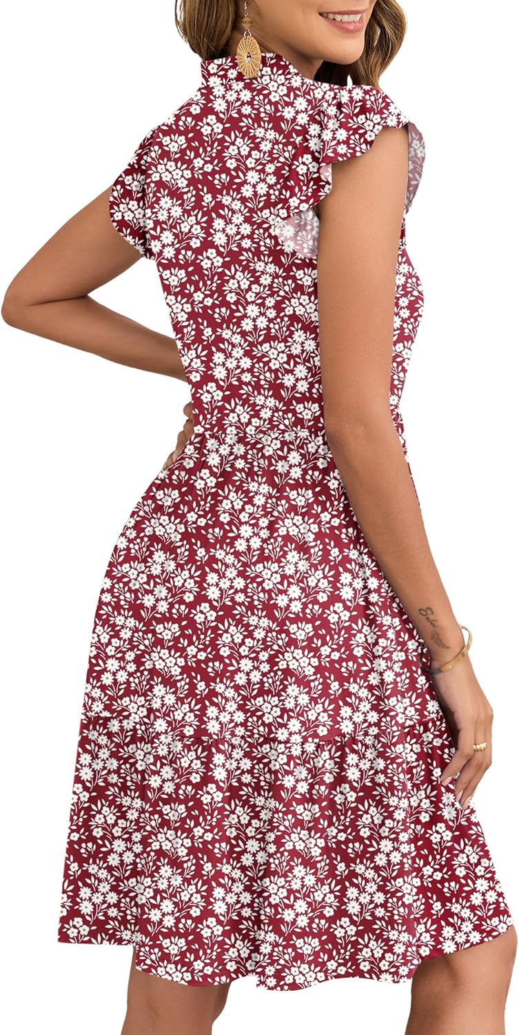 Thumbnail 3 de AUSELILY Damen Sommerkleid mit V-Ausschnitt, Rüschen-Ärmel und elastischer Taille – knielang, Strandkleid mit Taschen