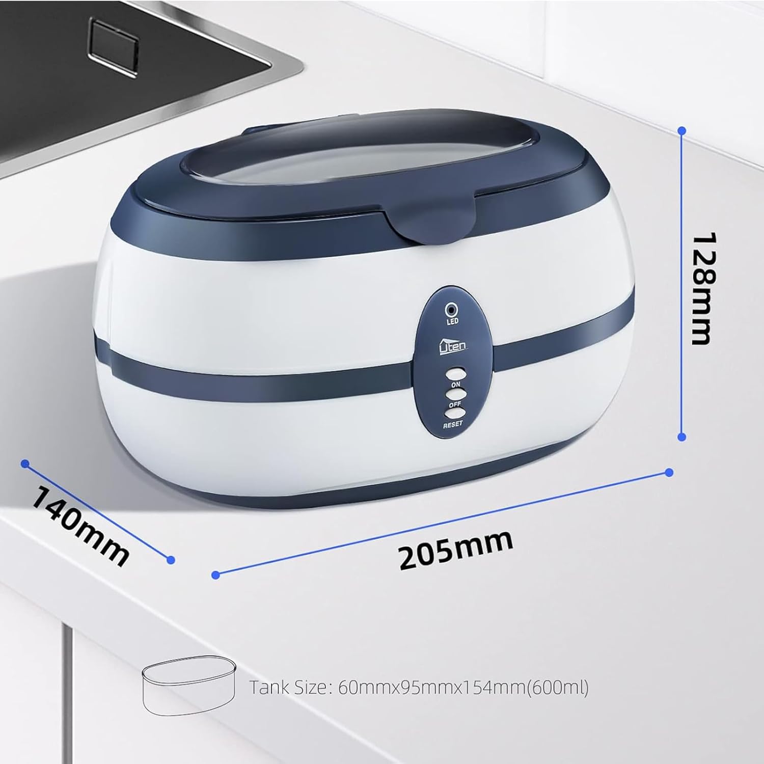 Detalle de Uten Nettoyeur à ultrasons 600 ml avec panier et support automatique (40 000 Hz) pour bijoux, lunettes, dentier