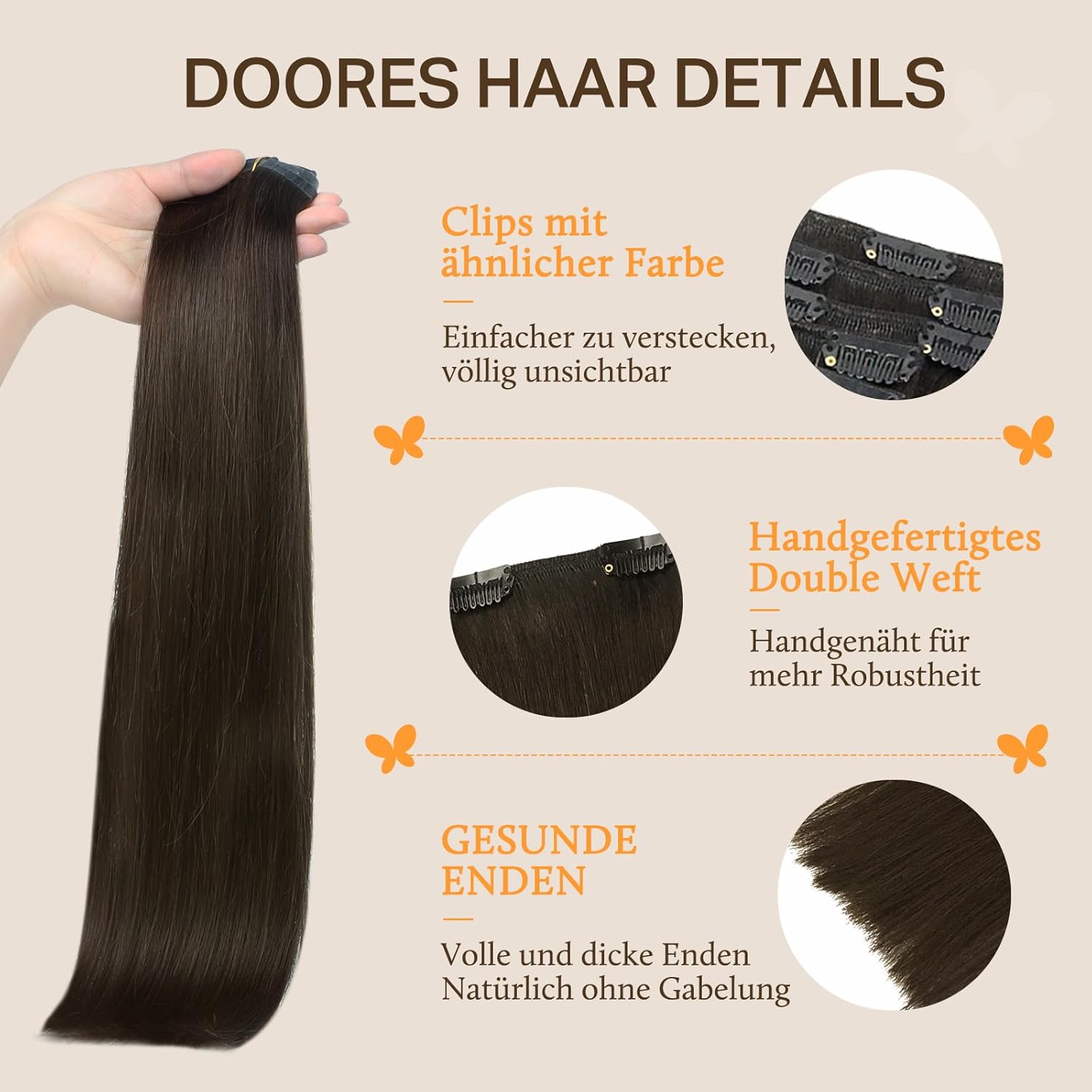 Thumbnail 2 de DOORES Human Hair Clip-In Extensions (Dark Brown, 24 Inch, 7pcs, 120g) Straight Remy Hair