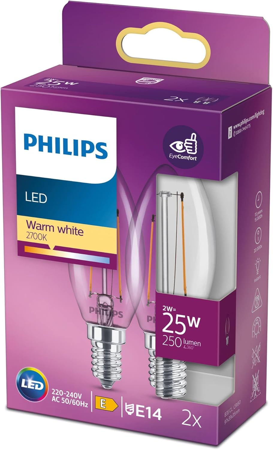 Thumbnail 3 de Philips LED Lampadina Oliva filamento 6 pz – E14, 40W, Luce Bianca Calda, non dimmerabile