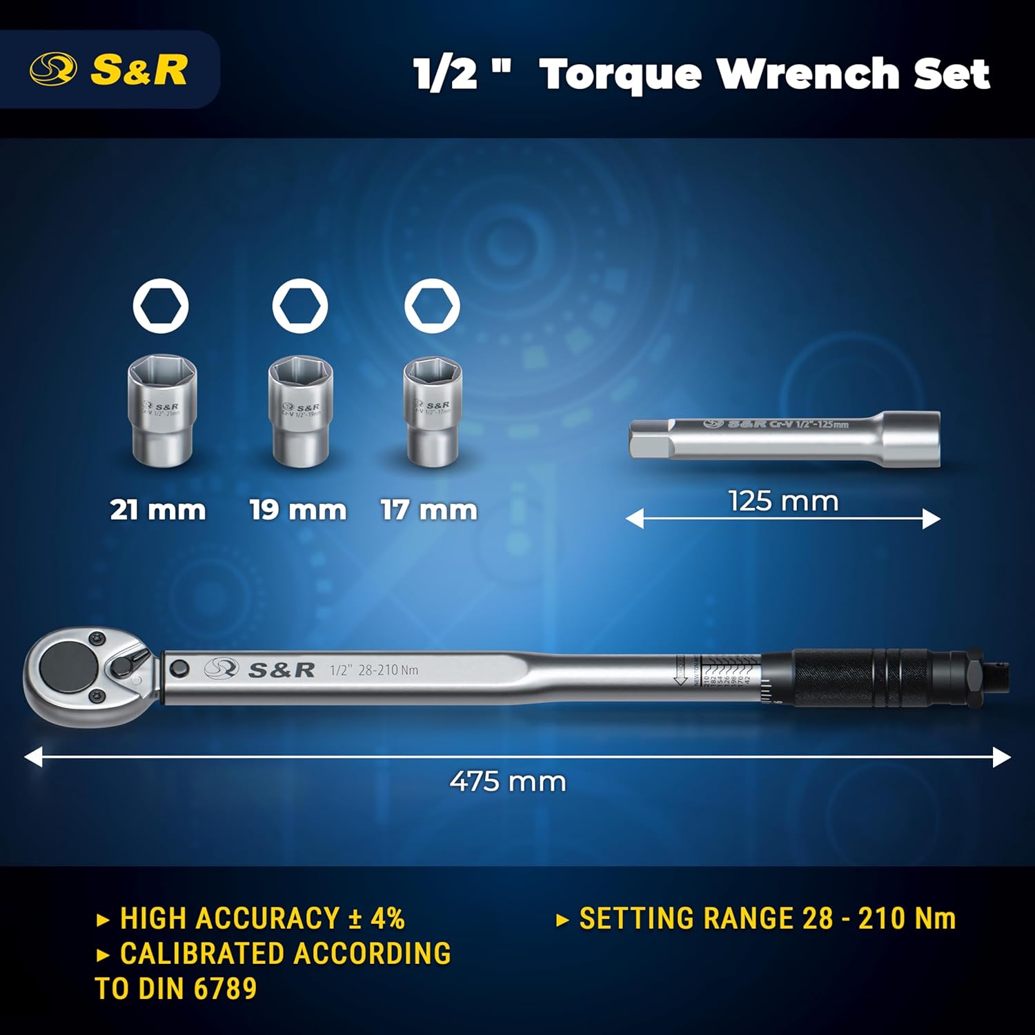 Detalle de S&R 1/2" Torque Wrench Set (47.5 cm) – 28–210 Nm with 12.5 cm Extension and 17–21 mm Sockets