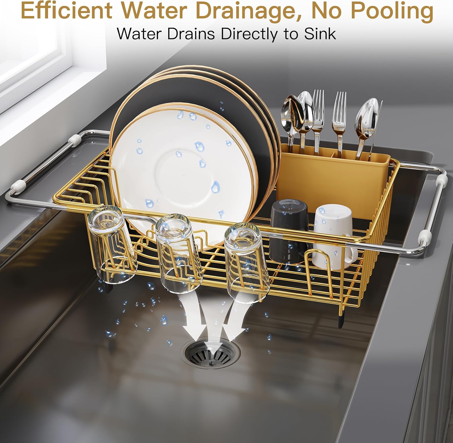 Thumbnail 5 de JASIWAY 701G Gold Over-the-Sink Dish Drying Rack, Expandable Stainless Steel