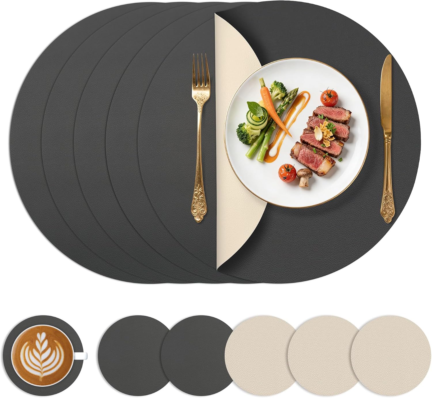 Detalle de KitchenBoss Sets de Table Ø 38 cm – Lot de 6, Dessous de Table et Verre en Similicuir Charcoal Grey + Beige