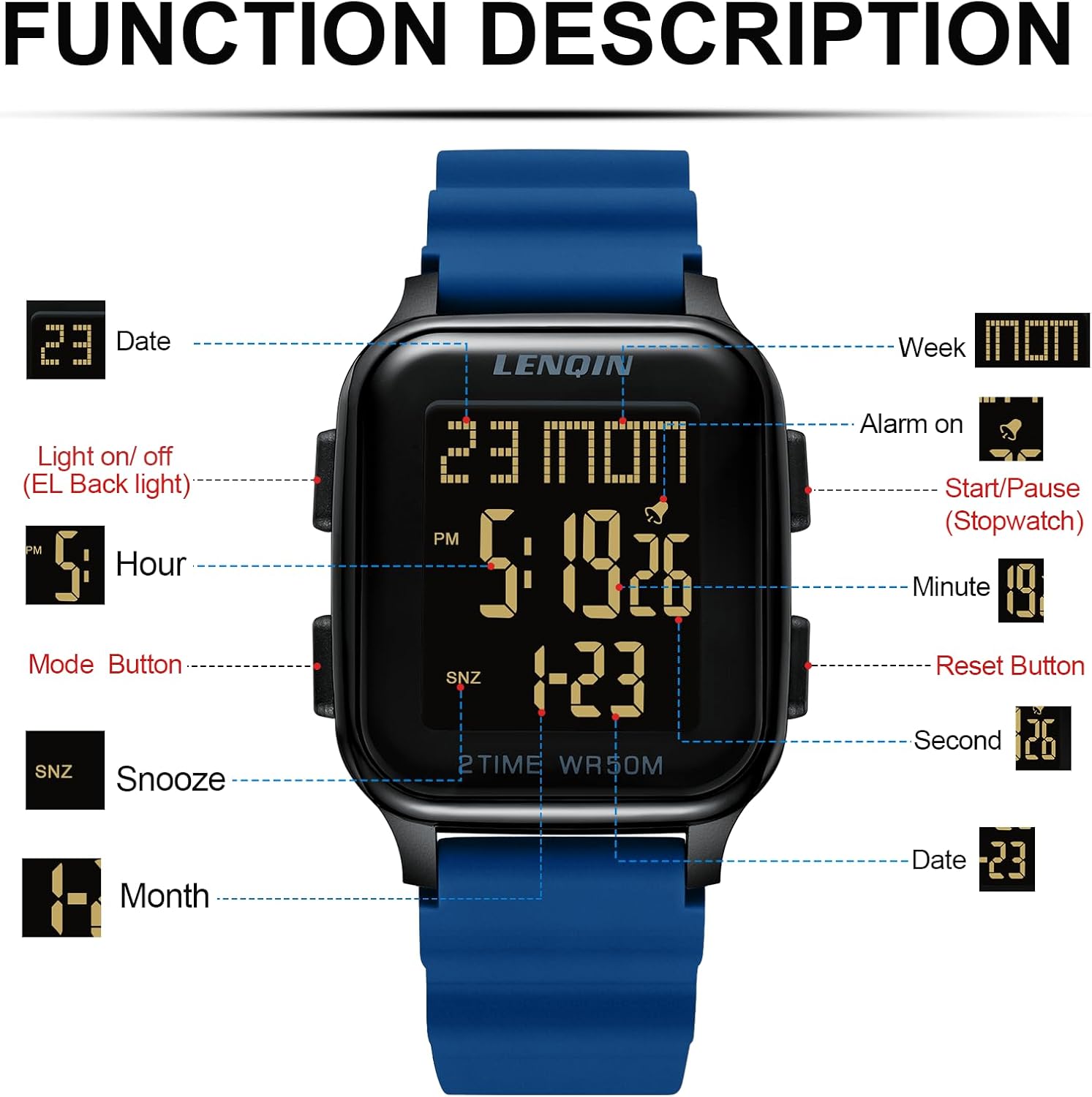 Thumbnail 5 de LN LENQIN Herren Digitaluhr mit Wecker, Stoppuhr & 30 m Wasserdicht (LED-Hintergrundbeleuchtung)