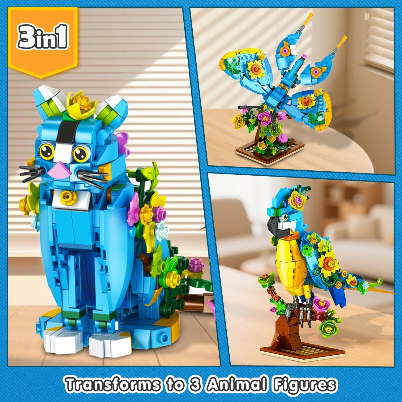 Thumbnail 1 de PLAXSOON Flower Cat 3 in 1 Building Set (412 pieces): parrot, butterfly and cat animal figures