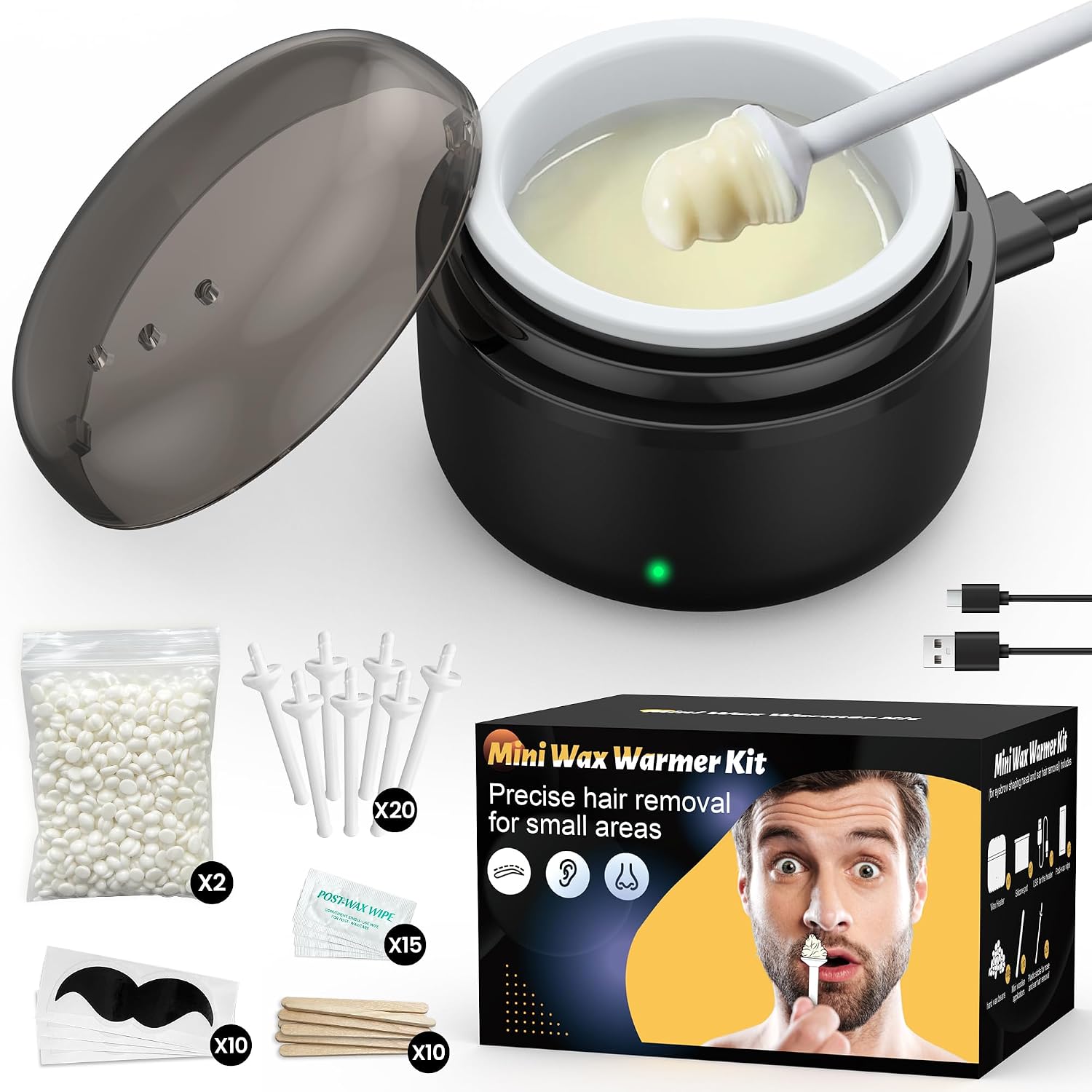 Detalle de IFANZETECH neushaarwaxset met miniwarmer, 100 g wax en 20 applicators