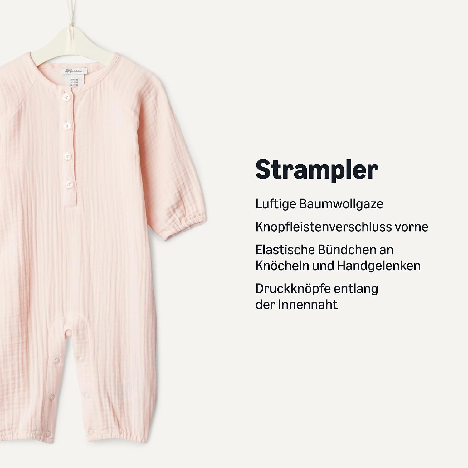 Detalle de Amazon Essentials x Sofia Grainge Unisex Baby Langärmeliger Strampler aus Baumwollgaze