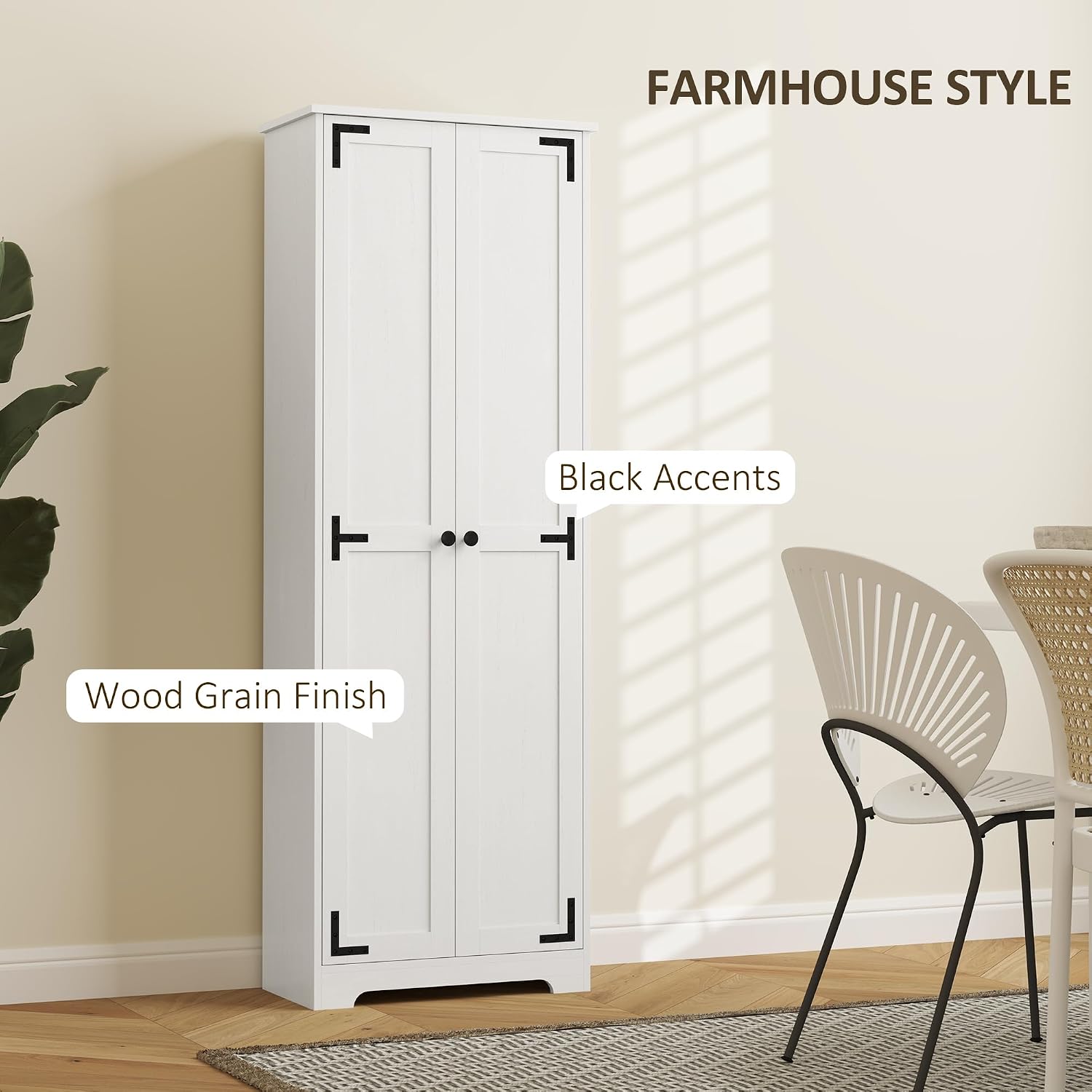 Detalle 2 de HOMCOM 838-505V80WT Farmhouse Pantry Cabinet, Distressed White, Adjustable Shelves