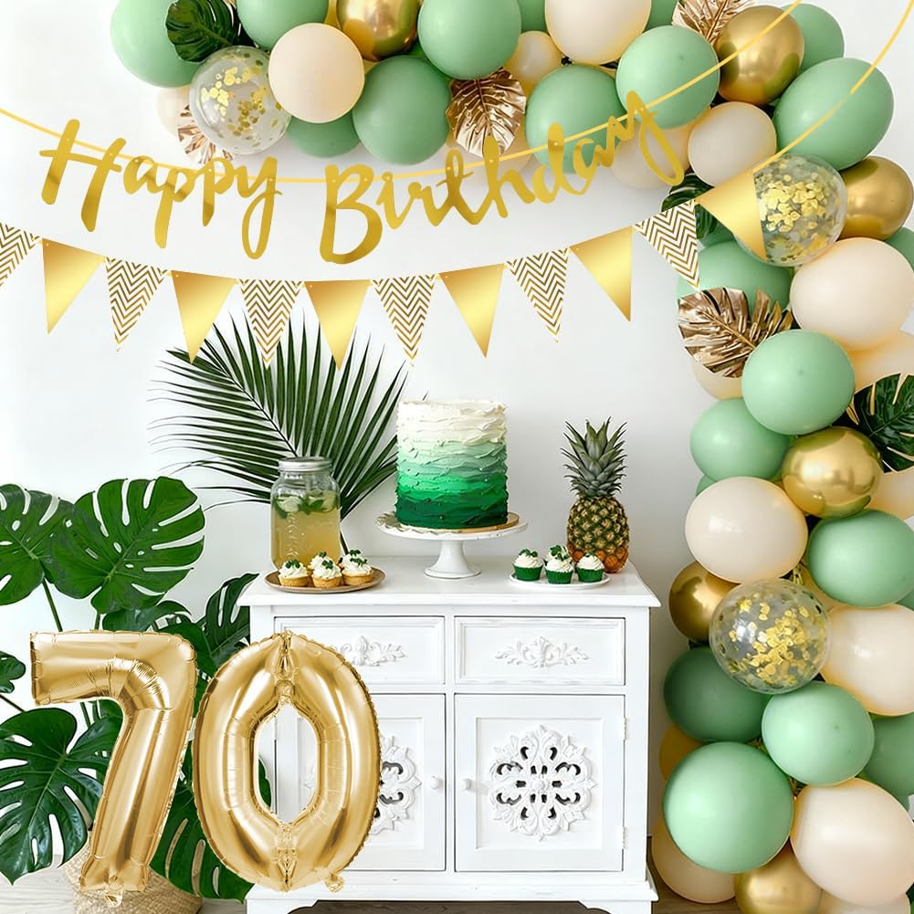 Detalle 2 de Alaoo 40-årsballonger i grönt och guld med banner och tårtdekorationer