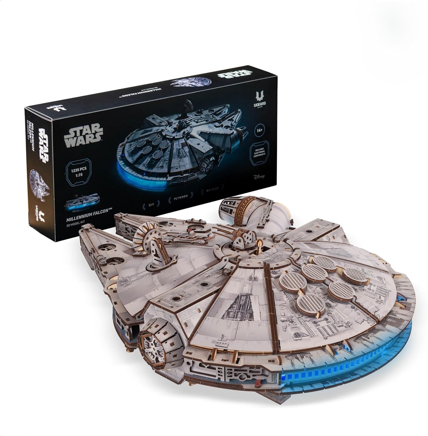 Detalle de UGEARS Millennium Falcon Puzzle 3D in Legno – Modellino da Costruire per Adulti con LED (1235 pezzi)