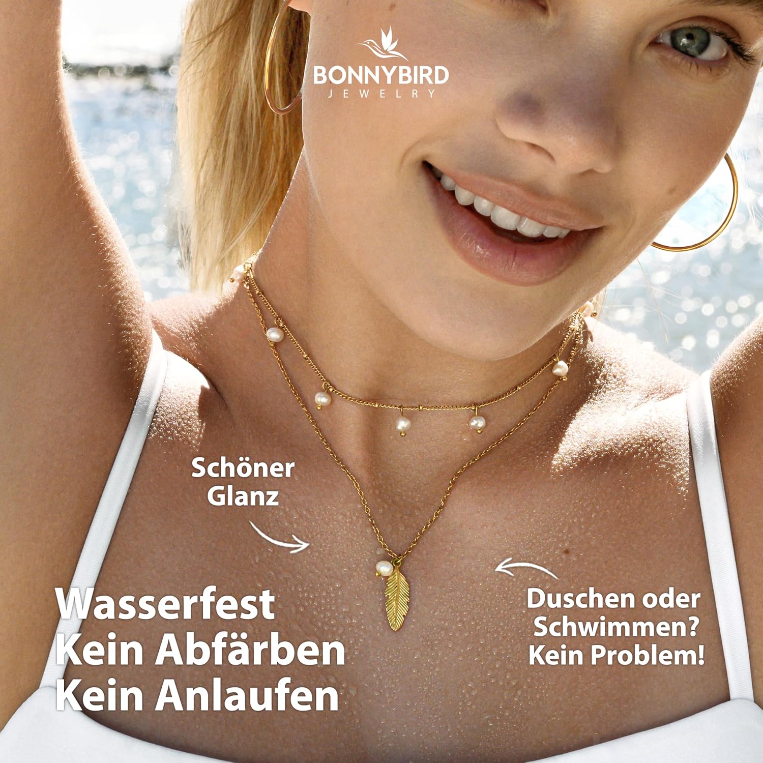 Detalle de BONNYBIRD BonnyFeather wasserfeste Federkette aus Edelstahl (316L) für Damen mit Süßwasserperle