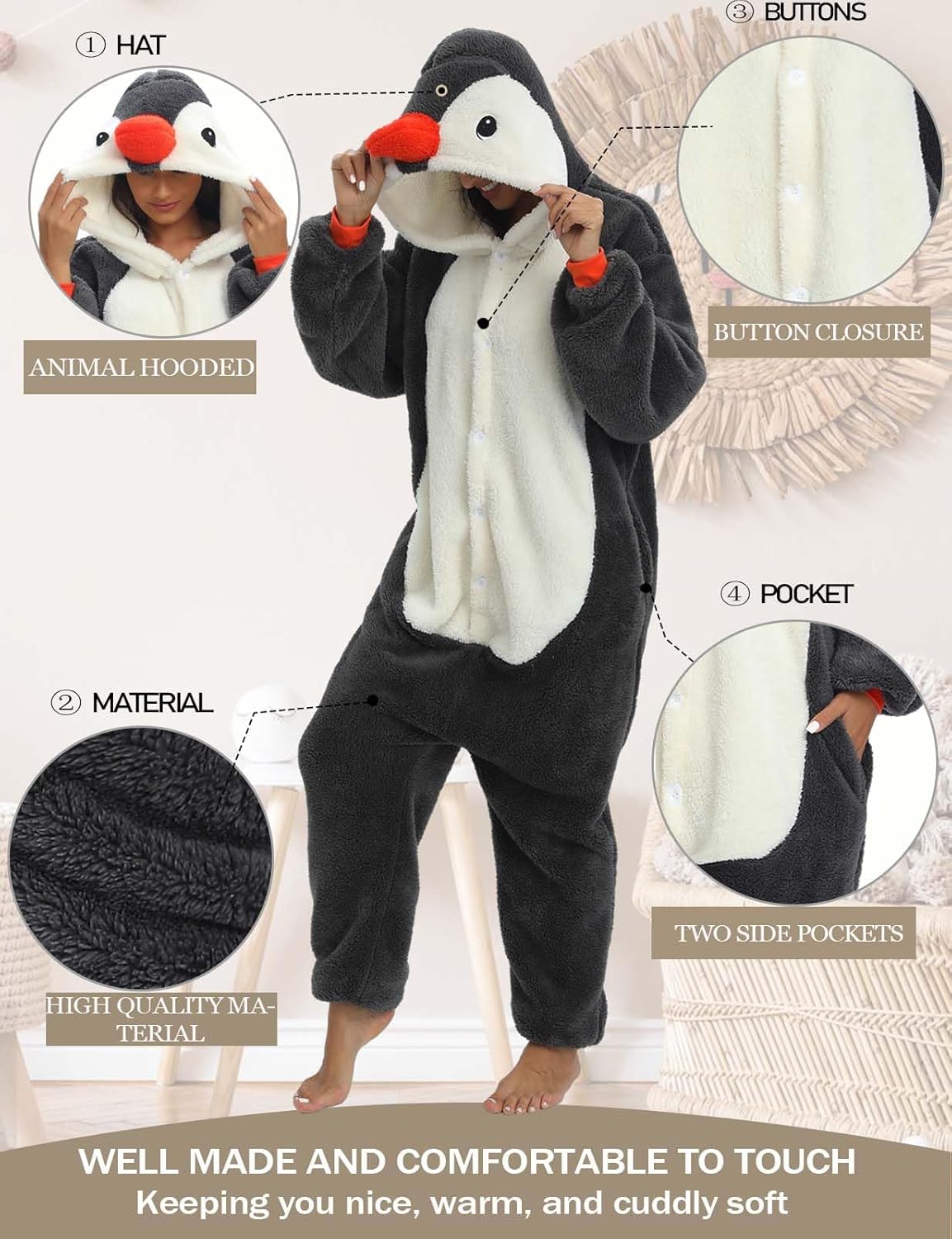 Detalle de Chuangminghangqi Lustiger Tier Einteiler mit Knopfleiste – Kuscheloverall aus flauschigem Flanell
