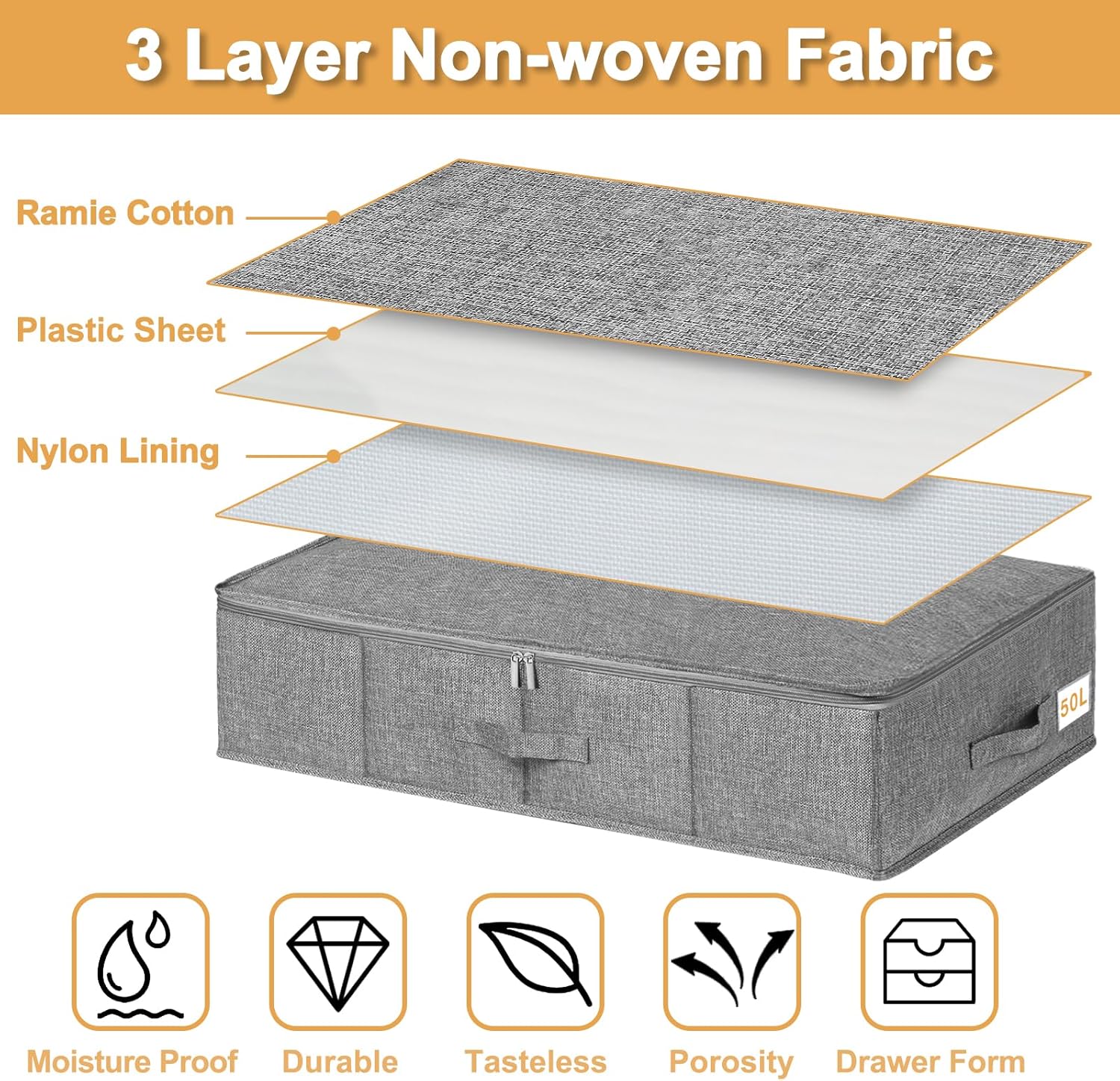 Thumbnail 3 de Under Bed Storage 3 Pack Large with Lids | Foldable Fabric Box Organisers (76x38x17cm)
