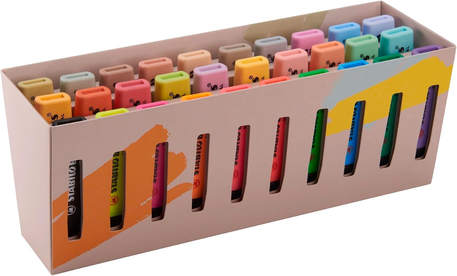 Detalle de STABILO BOSS ORIGINAL 30er Textmarker-Set: Neon, Pastell, Naturtöne & Schwarz mit Stiftehalter