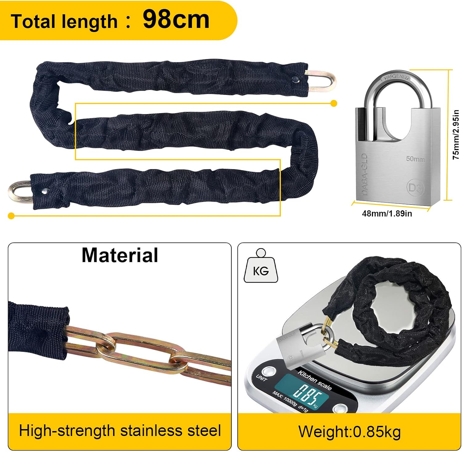 Thumbnail 1 de Diyife Bike Lock Heavy Duty [Reforced Version] 1m x 6mm Chain with 50mm Padlock